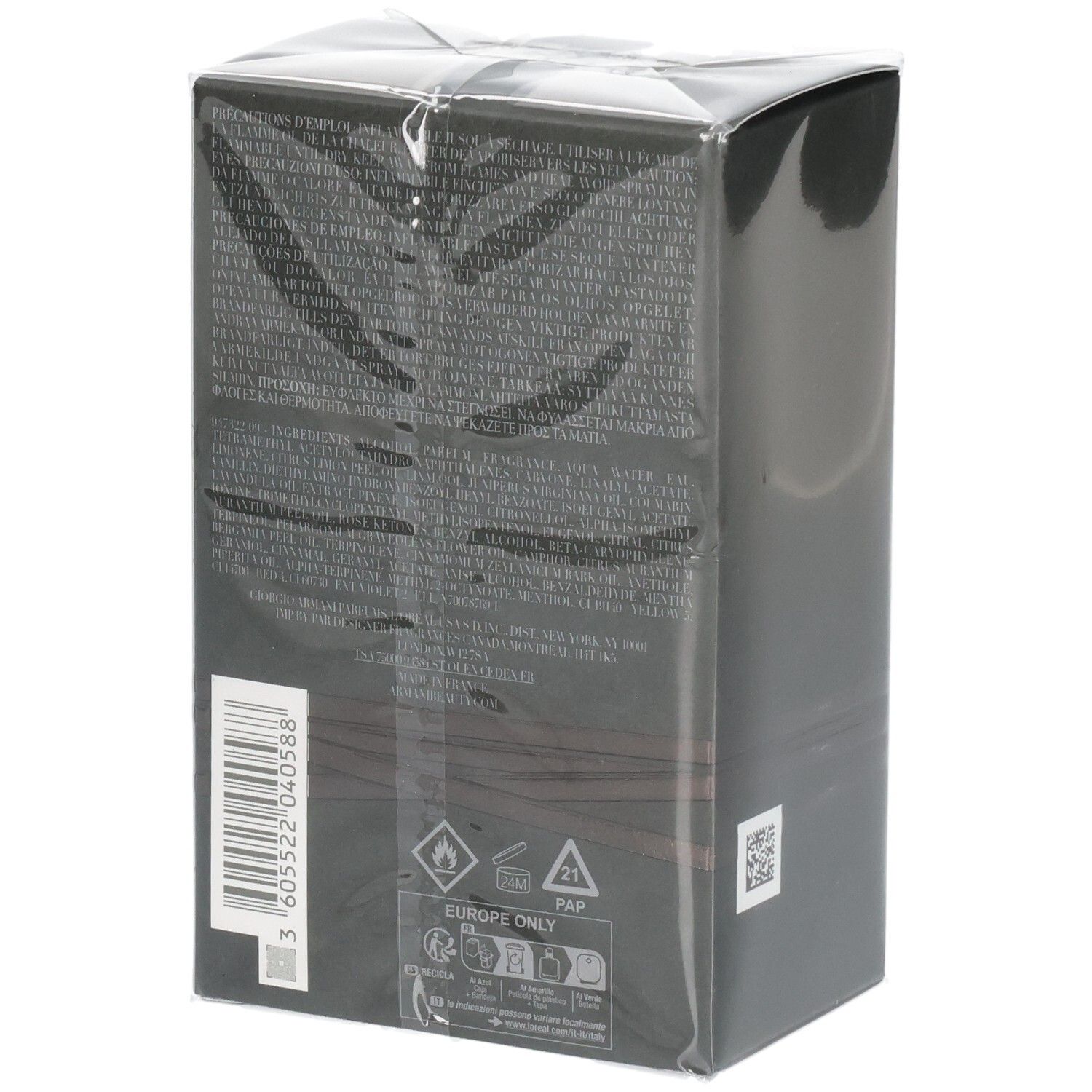Arrière de l'emballage de l'Eau de Toilette Emporio Armani Stronger With You, 100 ml.