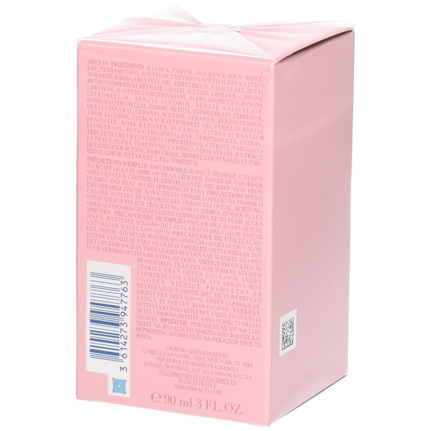 Achterkant van de verpakking van Giorgio Armani My Way Nectar Eau de Parfum met ingrediënten en barcode.