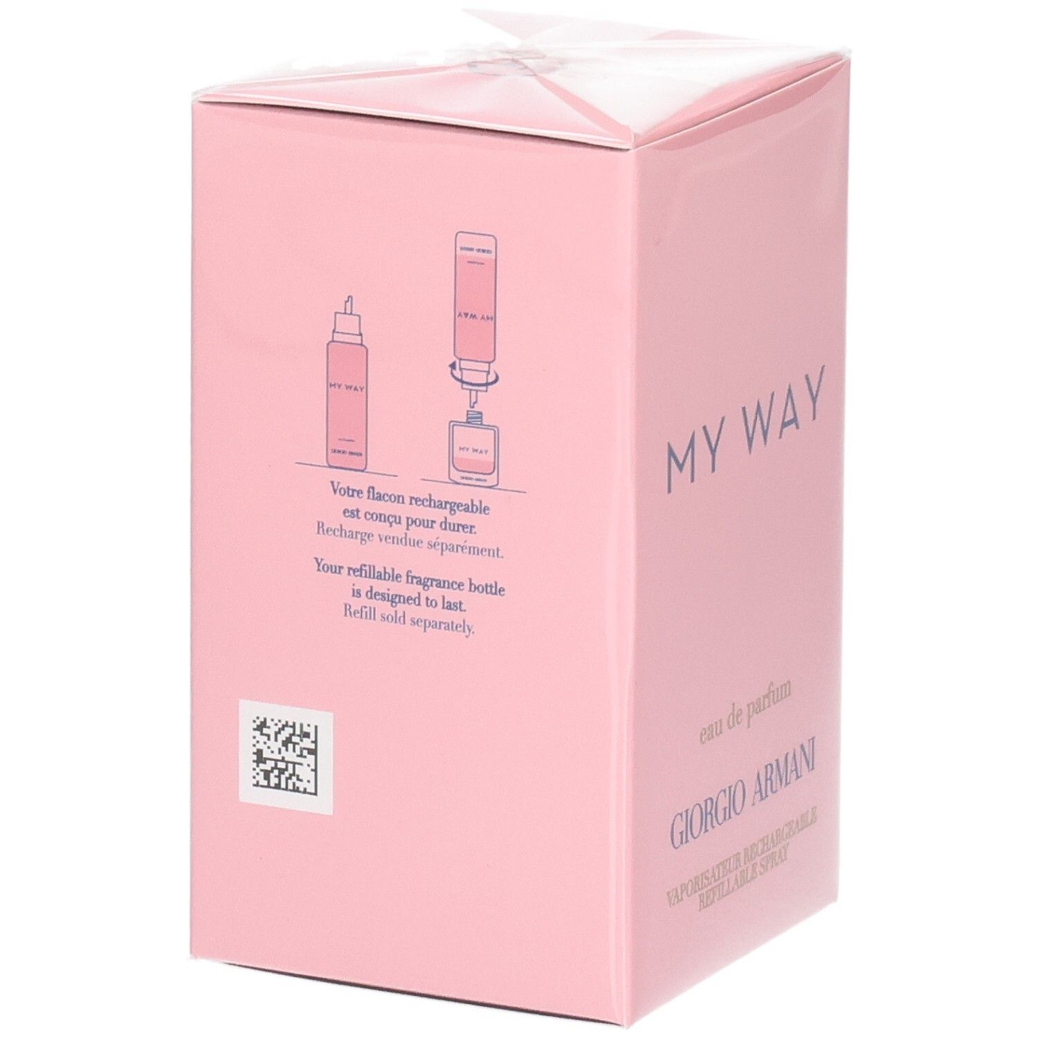 Achterkant van de Giorgio Armani My Way Eau de Parfum verpakking met navulinstructies.