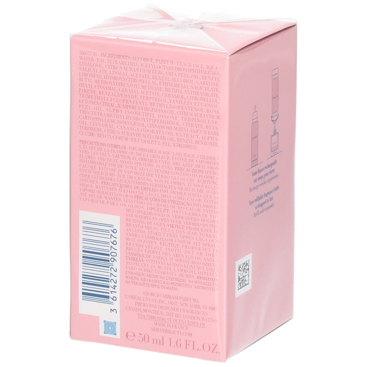 Zijkant van de Giorgio Armani My Way Eau de Parfum verpakking met ingrediënten en barcode.