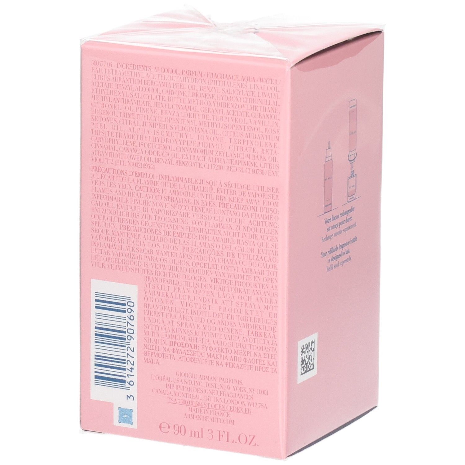 Achterkant van de Giorgio Armani My Way Eau de Parfum verpakking met ingrediënten en barcode.