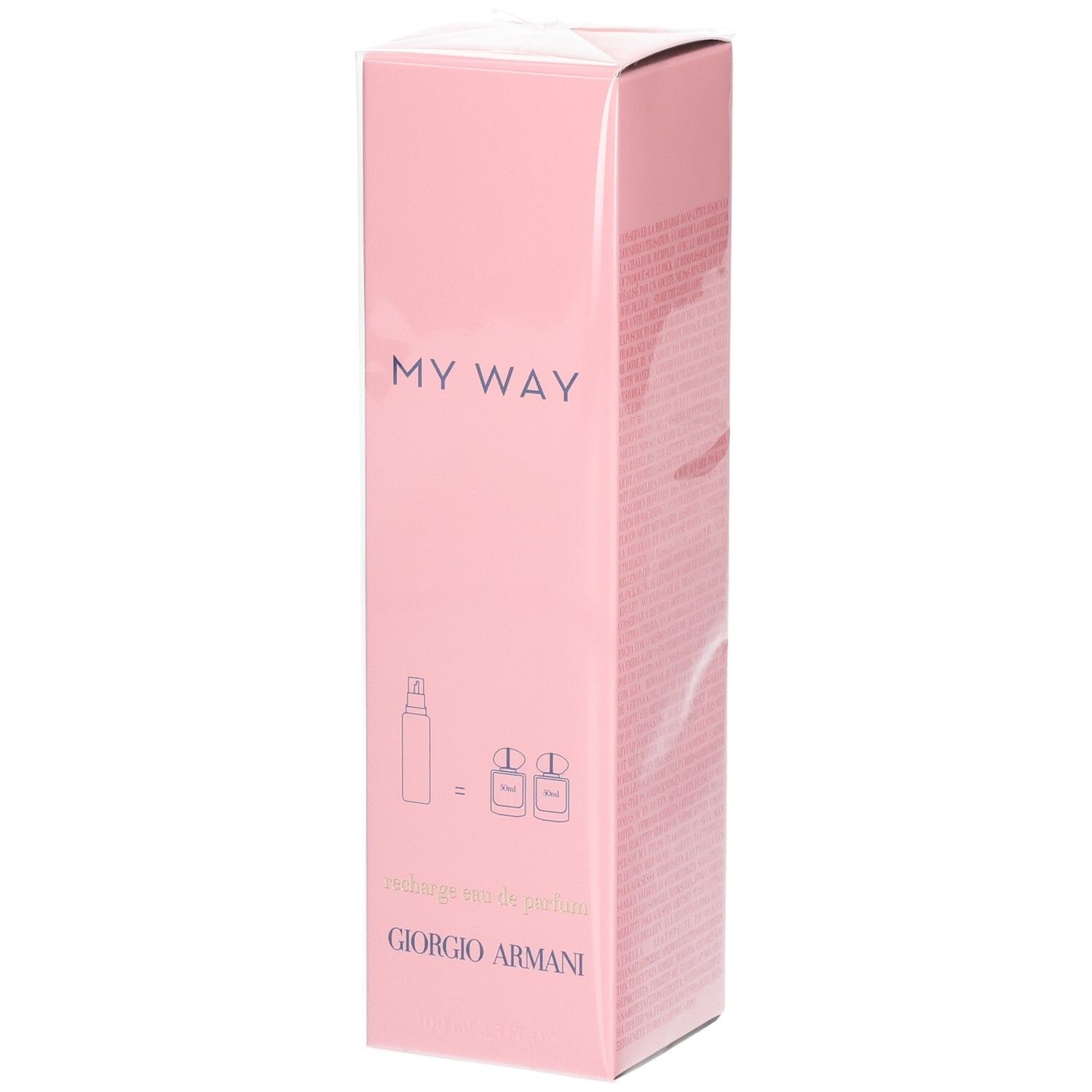 Giorgio Armani My Way Eau de Parfum navulling in roze verpakking met productinformatie.