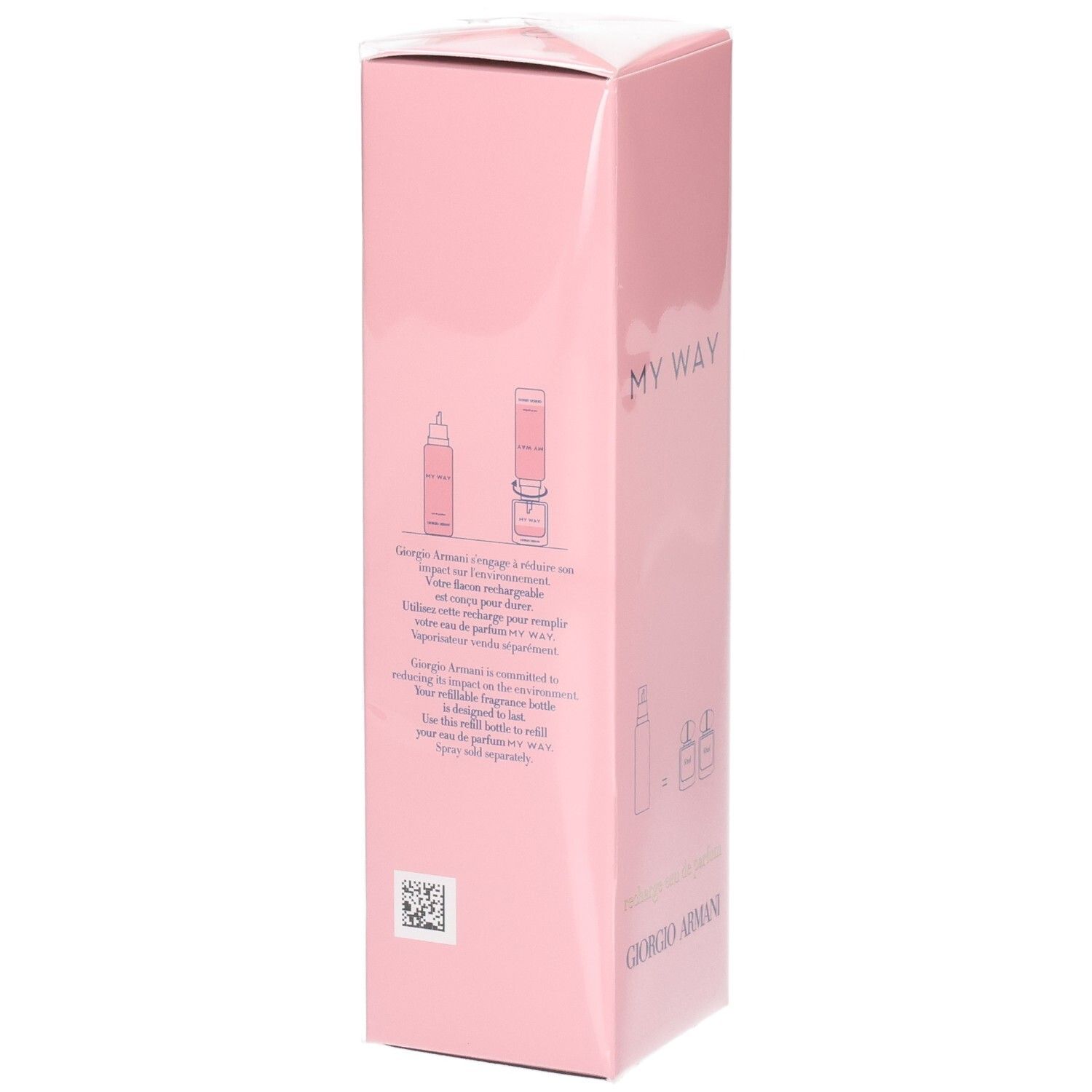 Achterkant van de roze Giorgio Armani My Way Eau de Parfum navulverpakking met instructies.