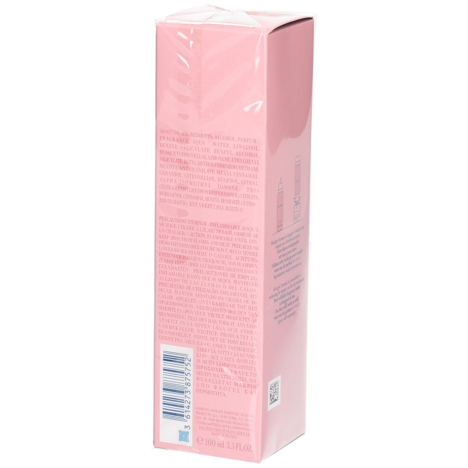 Zijkant van de roze Giorgio Armani My Way Eau de Parfum navulverpakking met ingrediënten.