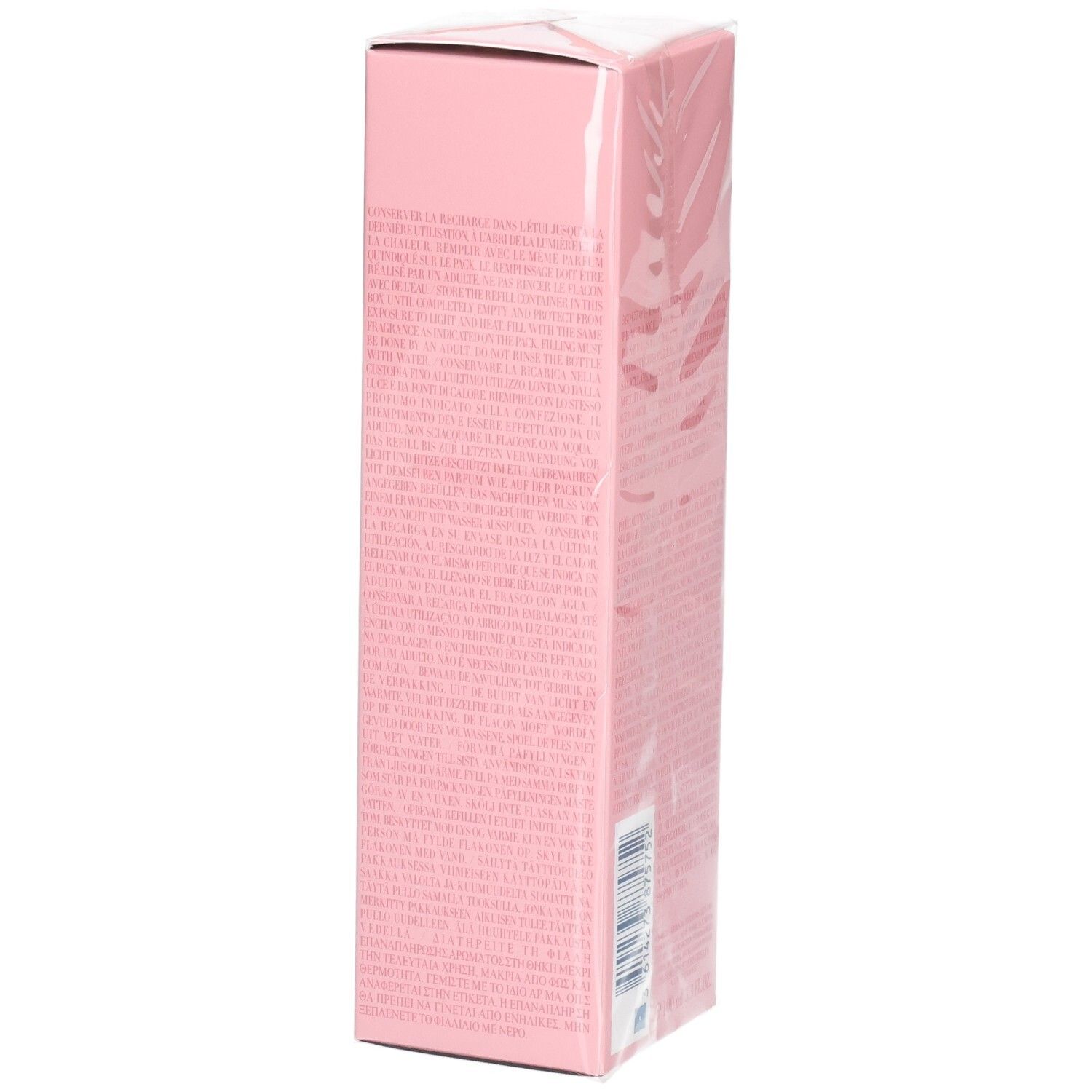 Zijkant van de roze Giorgio Armani My Way Eau de Parfum navulverpakking met barcode en tekst.