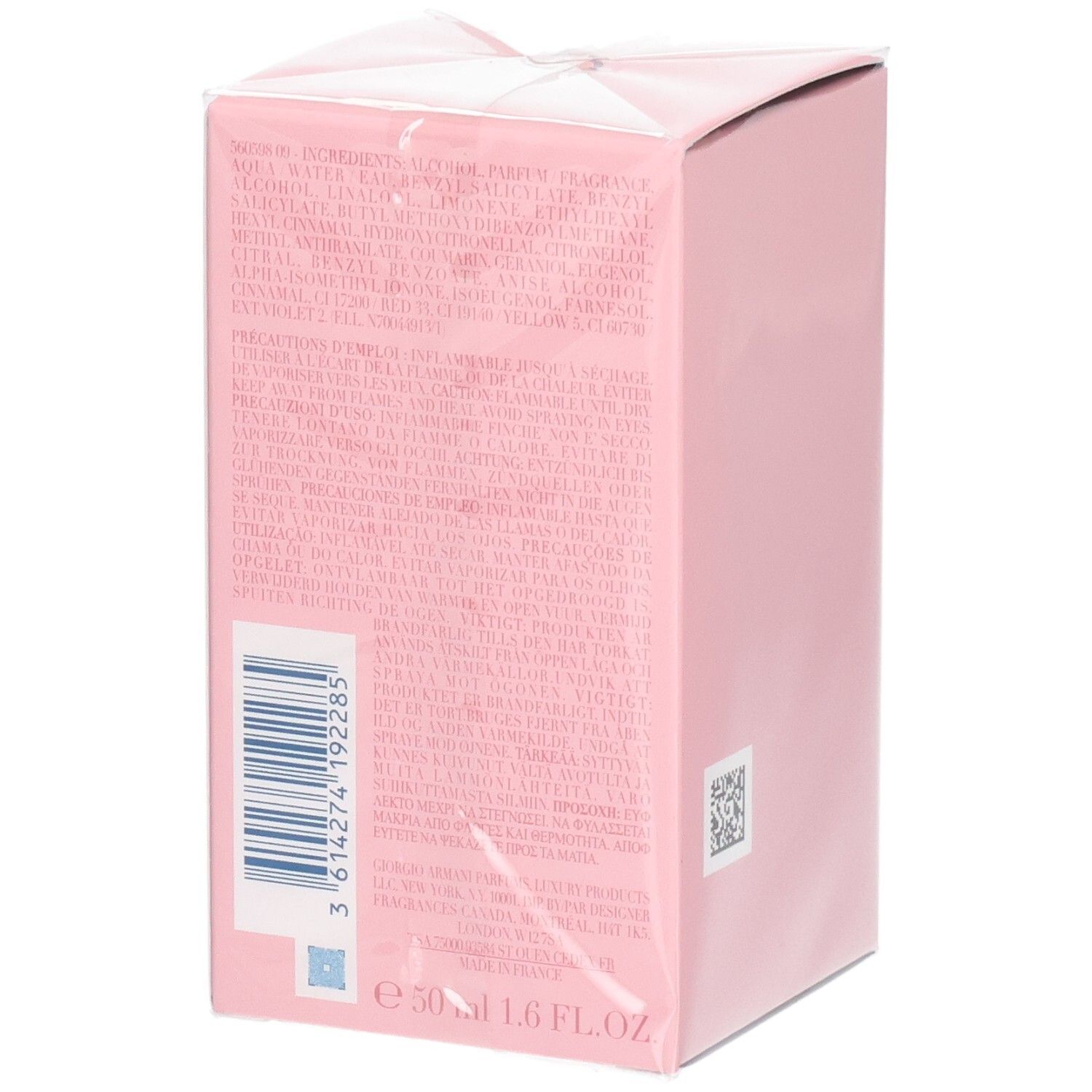 Achterkant van de verpakking Giorgio Armani My Way Ylang Eau de Parfum 50ml met barcode en ingrediënten.