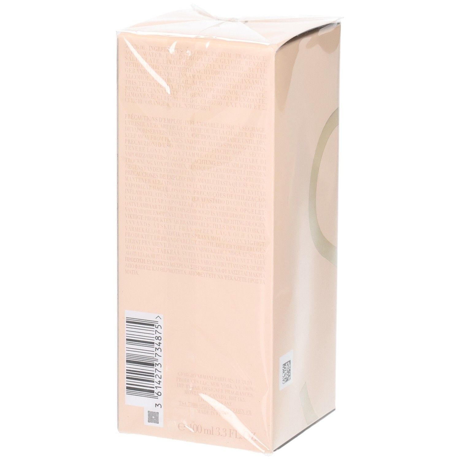 Giorgio Armani Sì Eau de Parfum Intense, 100ml, vue latérale avec code-barres.