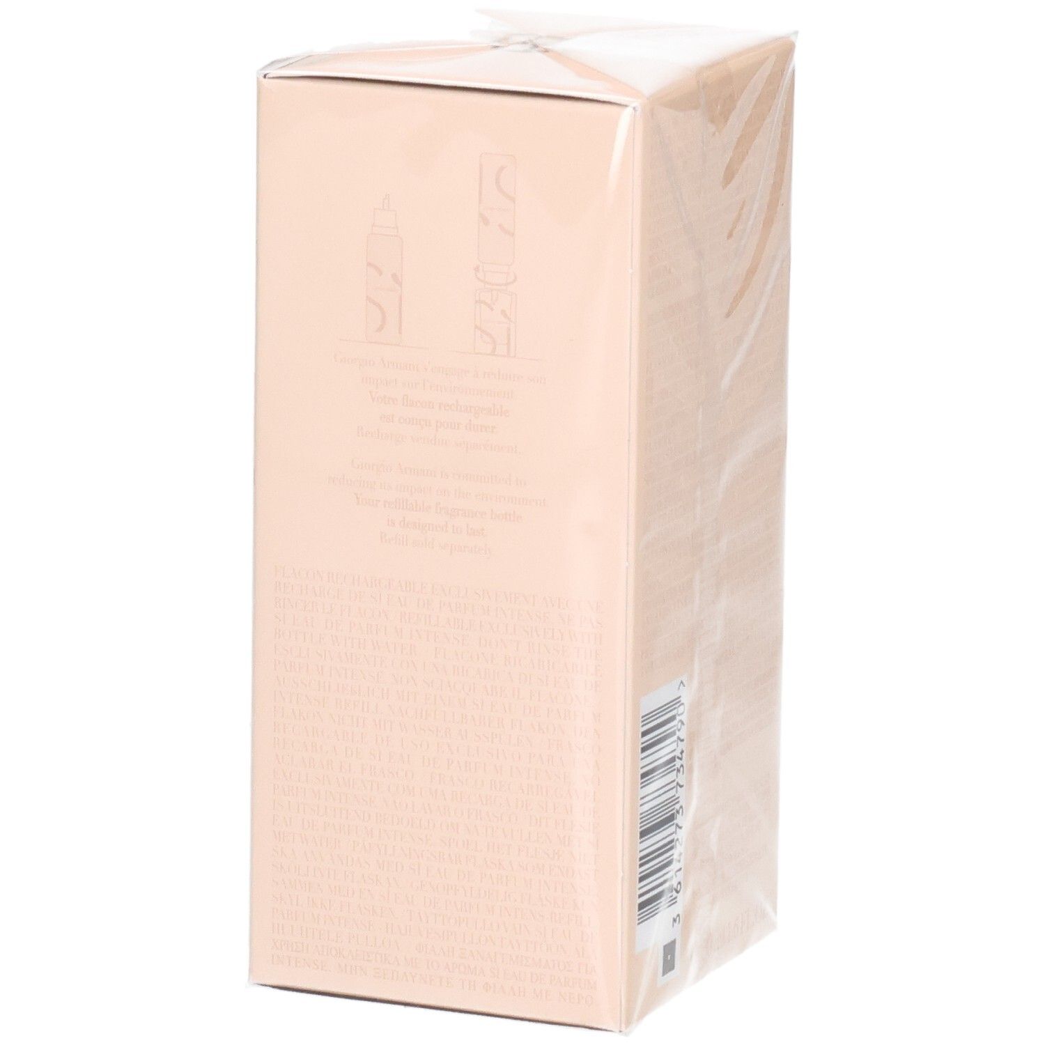 Verpakking Giorgio Armani Sì Eau de Parfum Intense Navulbaar 50 ml, achterkant met tekst.