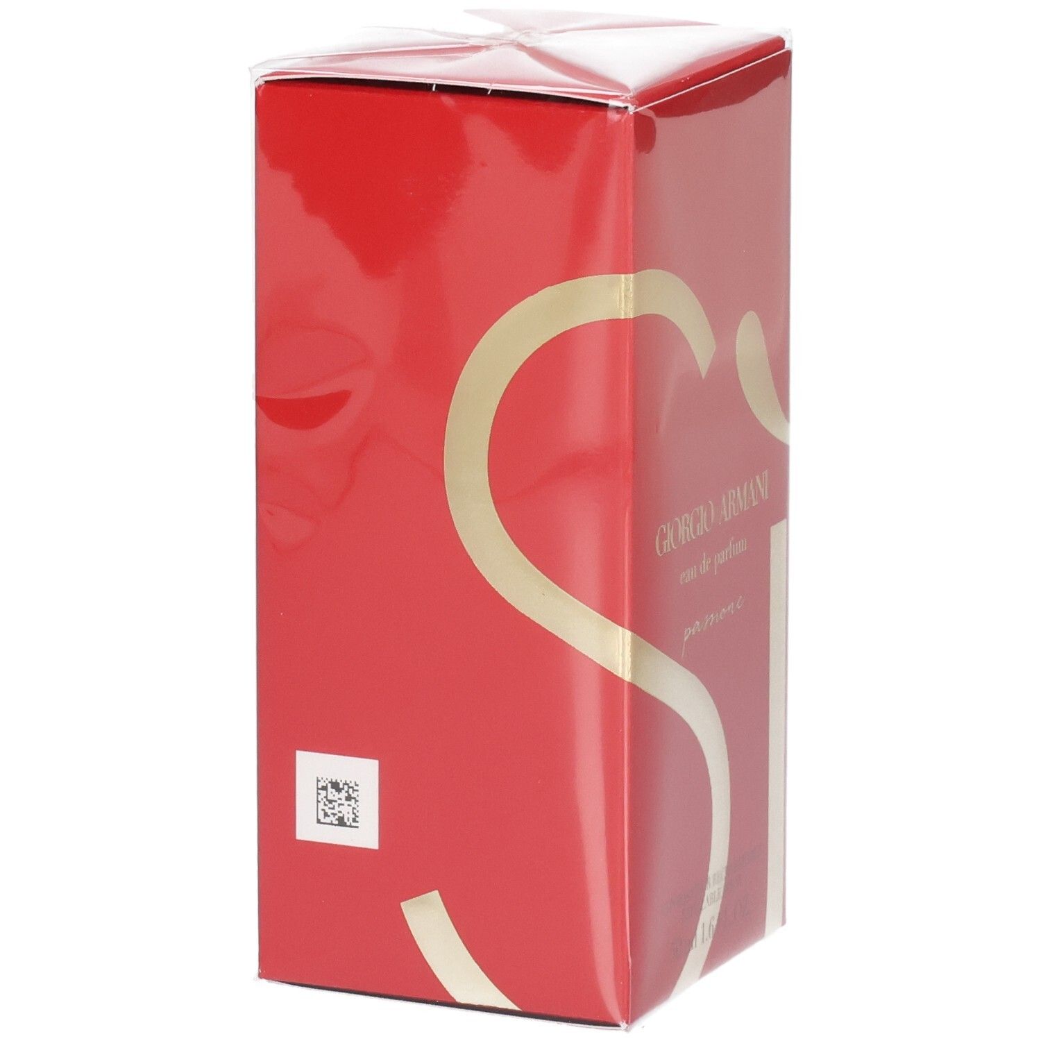 Emballage rouge Giorgio Armani Sì Passione avec logo doré 'Si'.