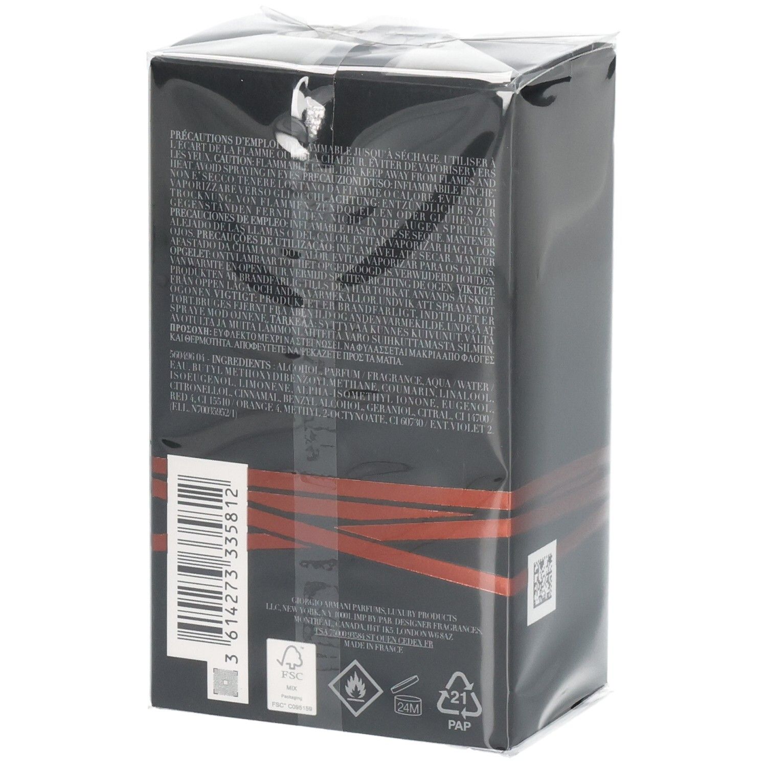 Giorgio Armani Stronger With You Absolutely Parfum Homme 50ml, zijaanzicht met ingrediënten.