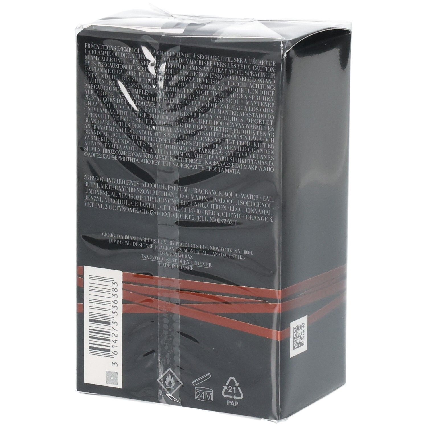 Achterkant van de verpakking van Emporio Armani Stronger With You Absolutely Eau de Parfum voor heren.