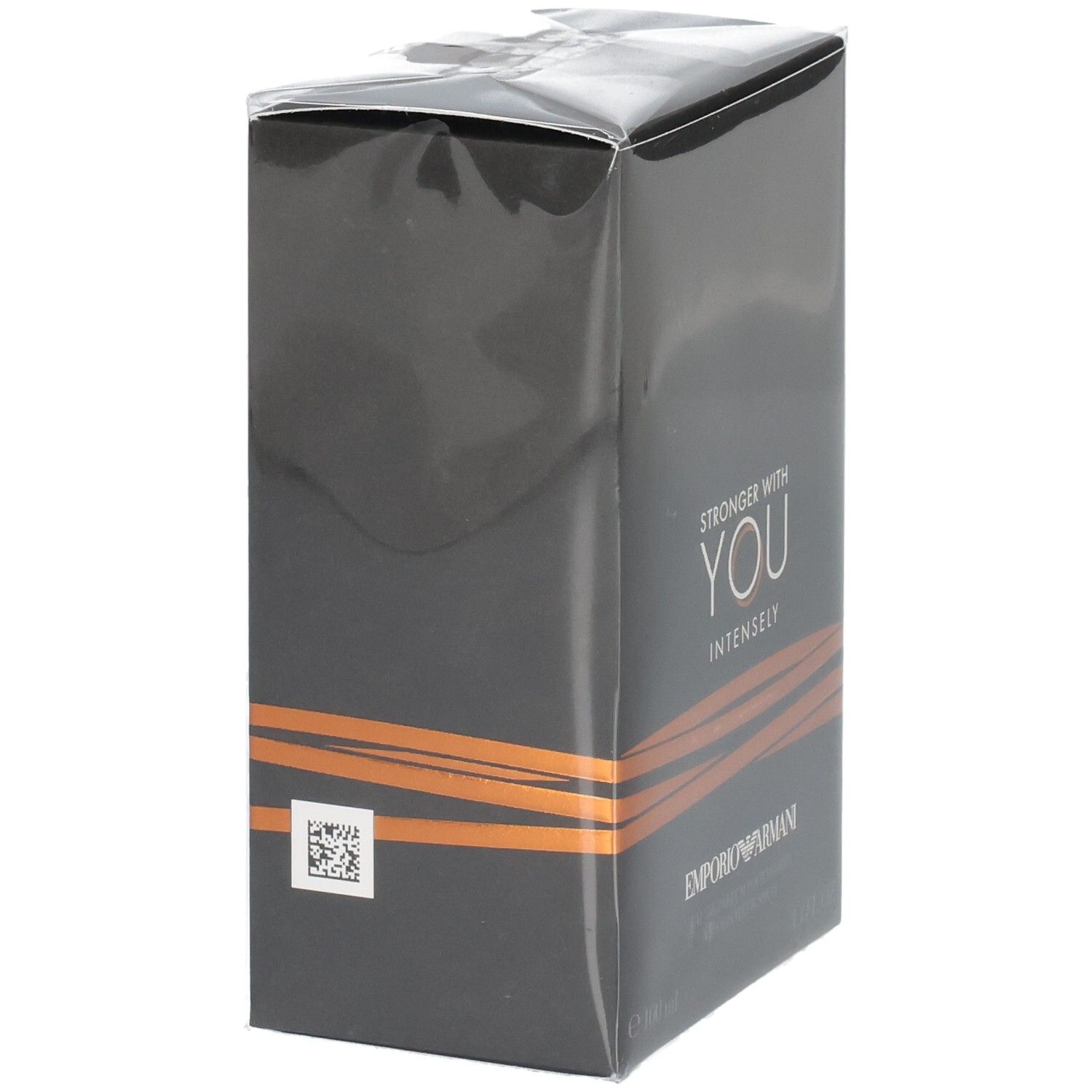 Vue latérale de la boîte d'Armani Stronger with You Intensely Eau de Parfum pour Homme.