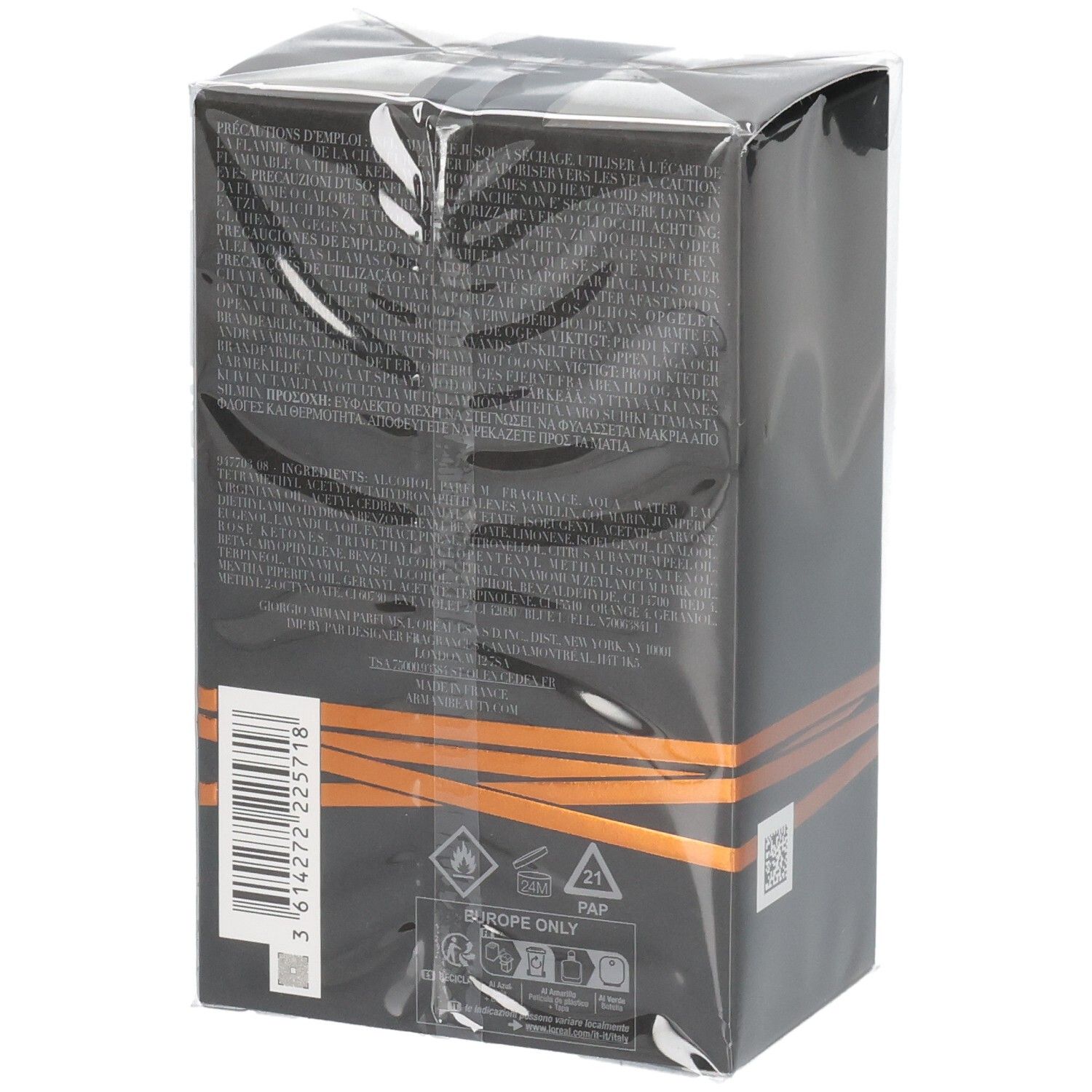 Arrière de la boîte d'Armani Stronger with You Intensely Eau de Parfum pour Homme avec code-barres.