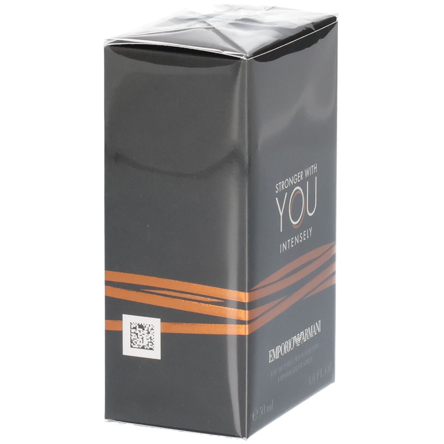 Vue latérale de l'emballage de l'Eau de Parfum Armani Stronger With You Intensely 50ml.
