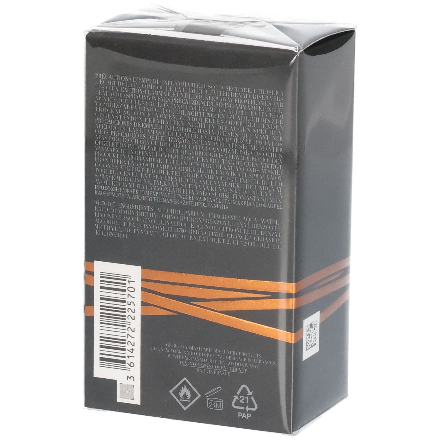 Arrière de l'emballage de l'Eau de Parfum Armani Stronger With You Intensely 50ml avec code-barres.