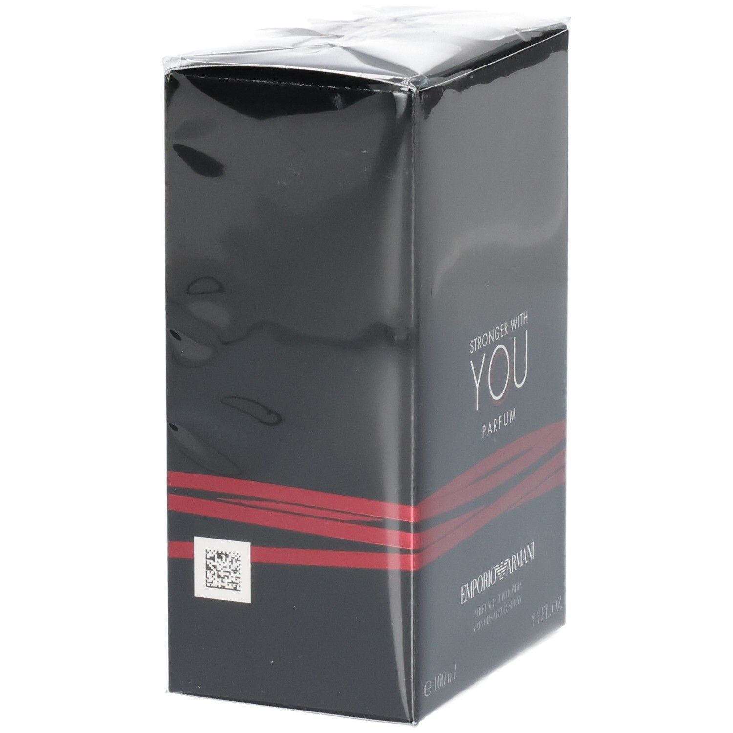 Zwarte parfumverpakking met rode strepen en opschrift "Stronger With You Parfum".