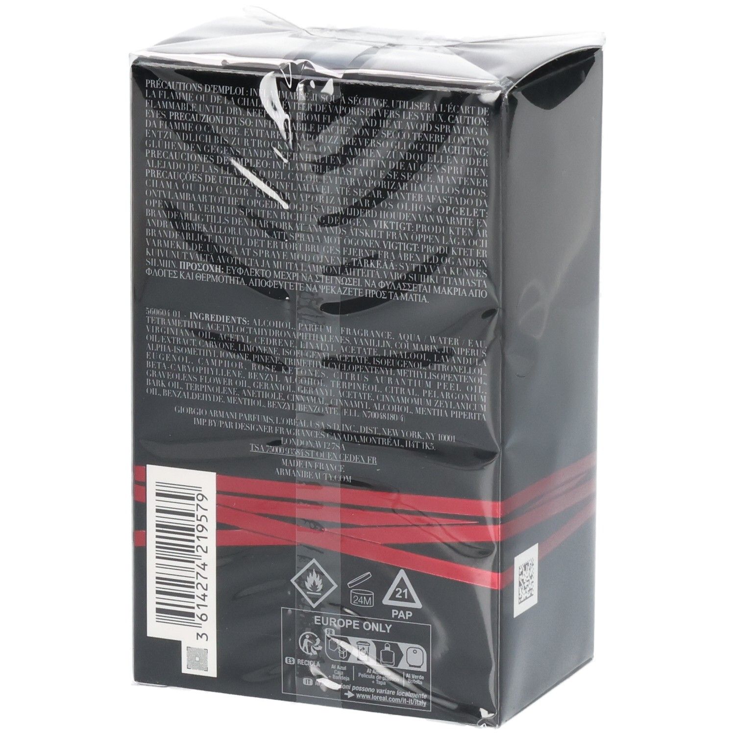 Zwarte productverpakking met rode strepen en tekstinformatie. Bevat barcode en waarschuwingssymbolen.