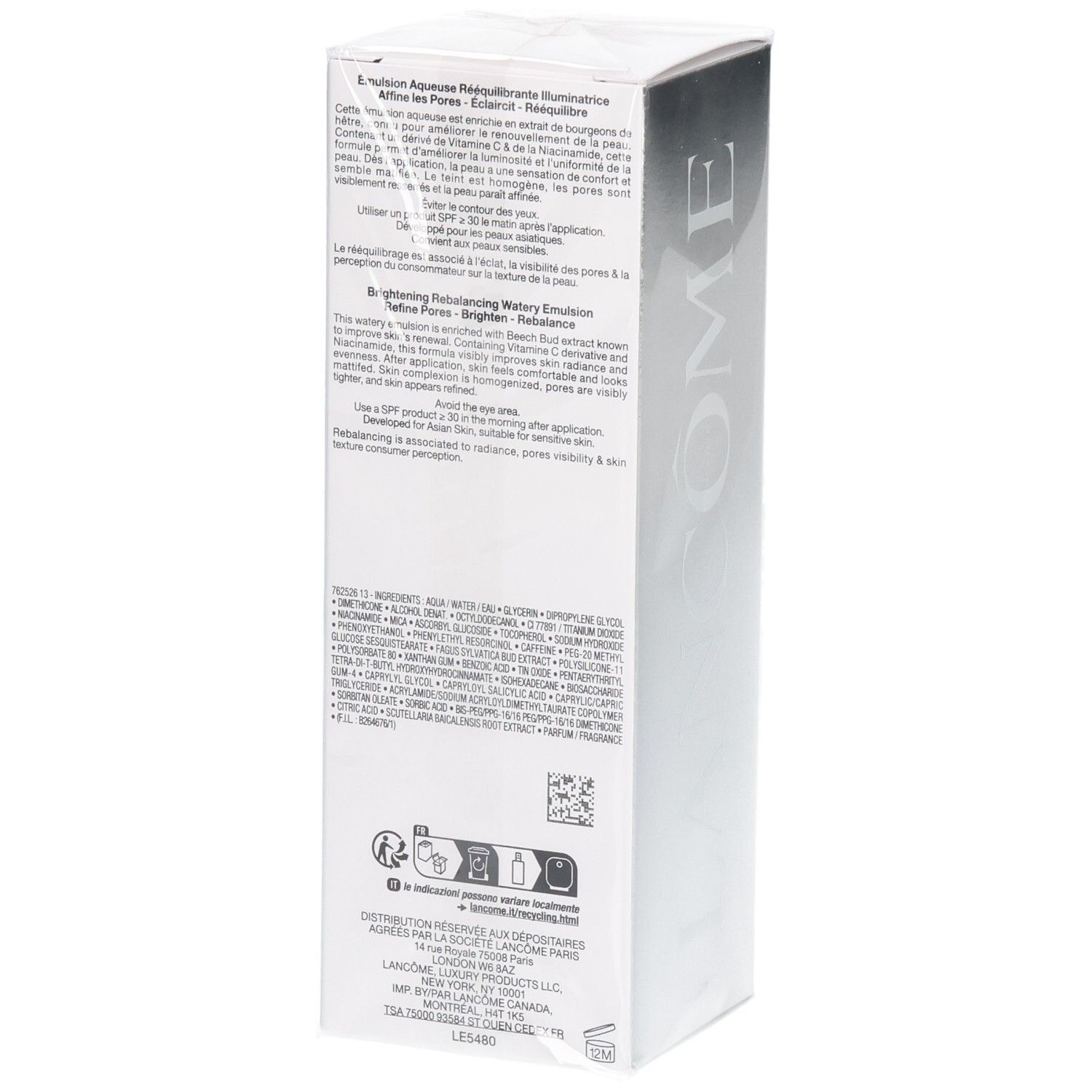 Arrière de l'emballage Lancôme Clarifique avec ingrédients et instructions.