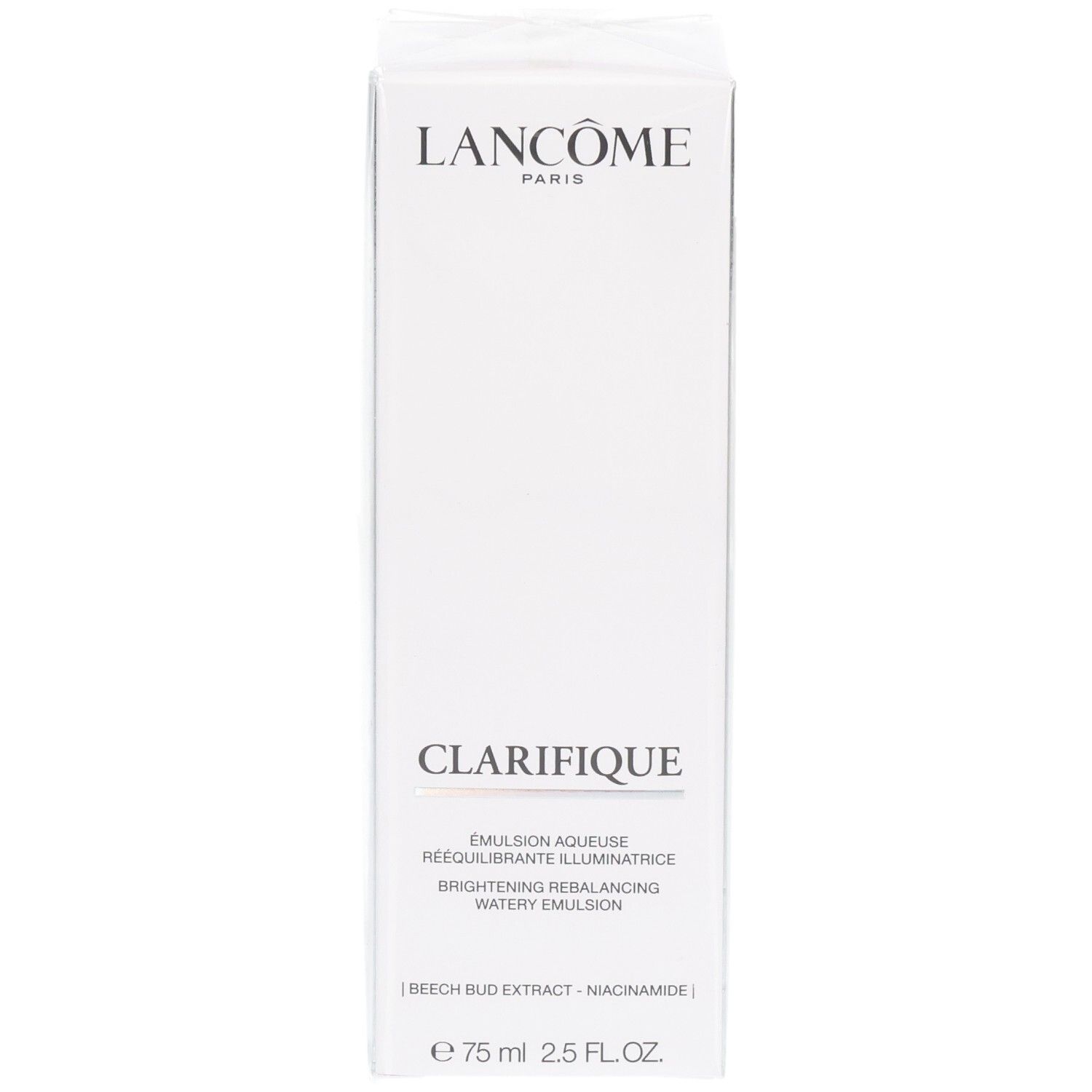 Emballage Lancôme Clarifique Émulsion Aqueuse Rééquilibrante Illuminatrice, 75 ml.