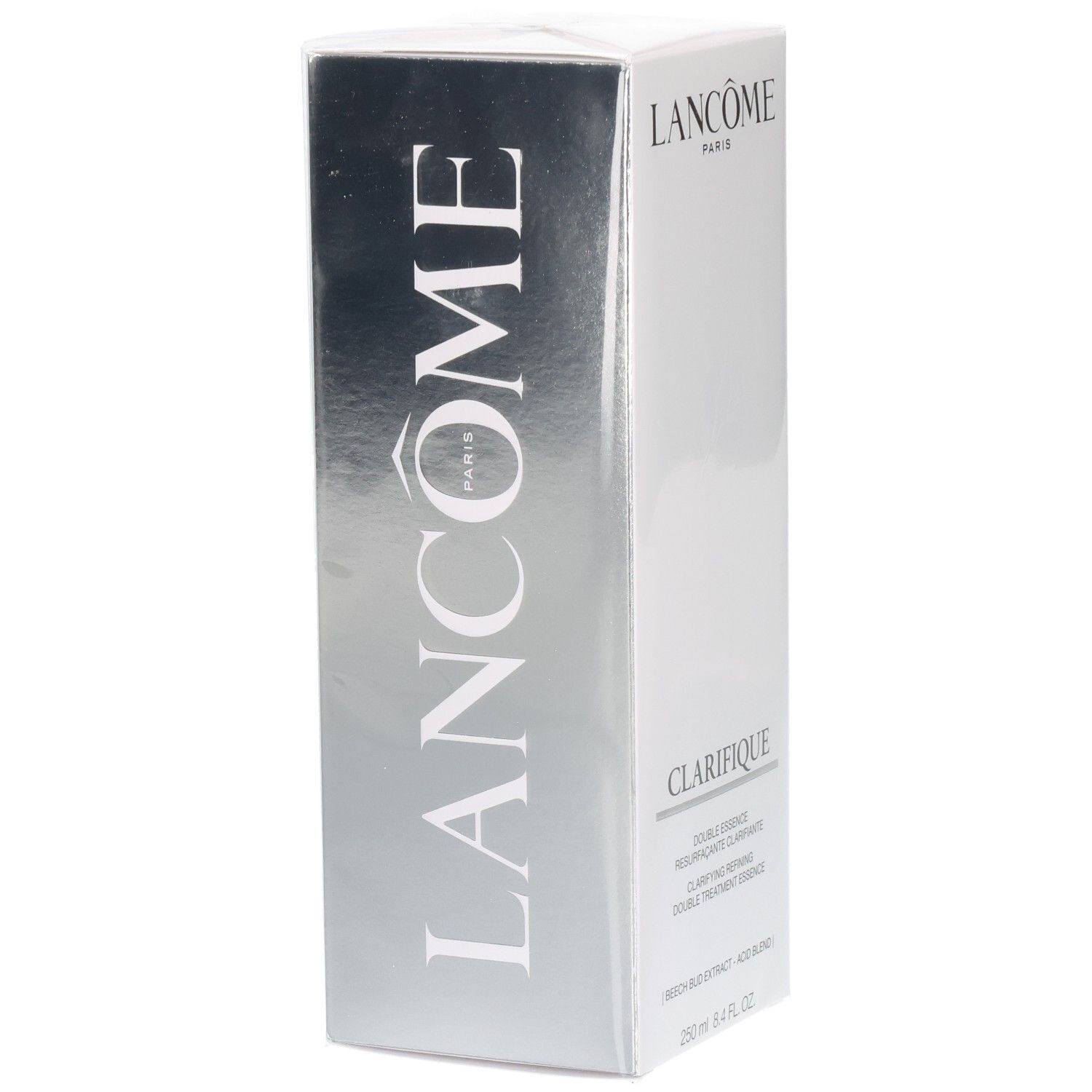 Lancôme Clarifique Double Essence kartonnen verpakking, zijkant met logo en productnaam.