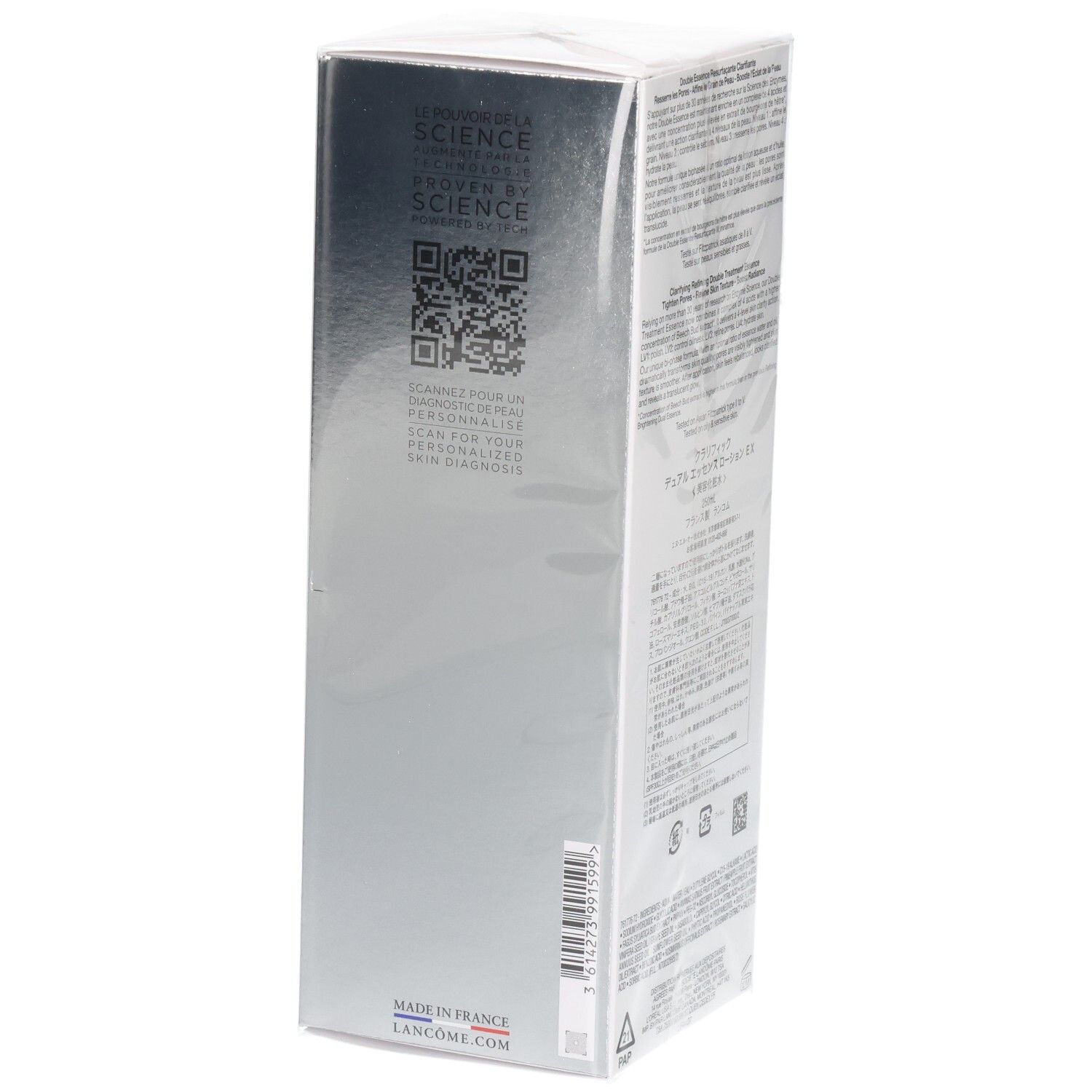 Lancôme Clarifique Double Essence kartonnen verpakking, zijkant met QR-code en wetenschappelijke informatie.