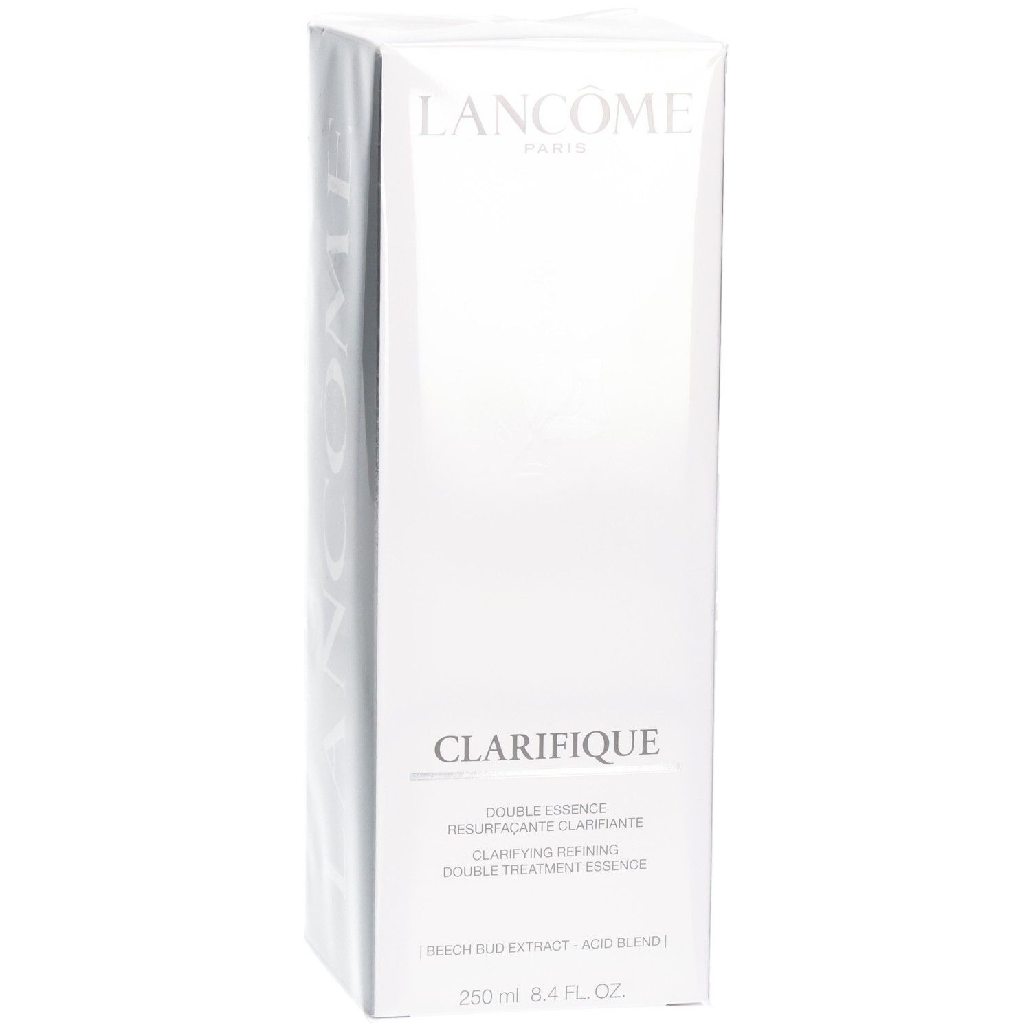Lancôme Clarifique Double Essence kartonnen verpakking, schuin van voren met logo en productnaam.