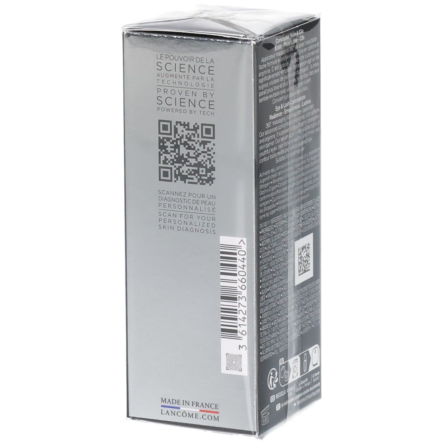 Côté de l'emballage Lancôme Advanced Génifique Light Pearl avec QR code et origine.