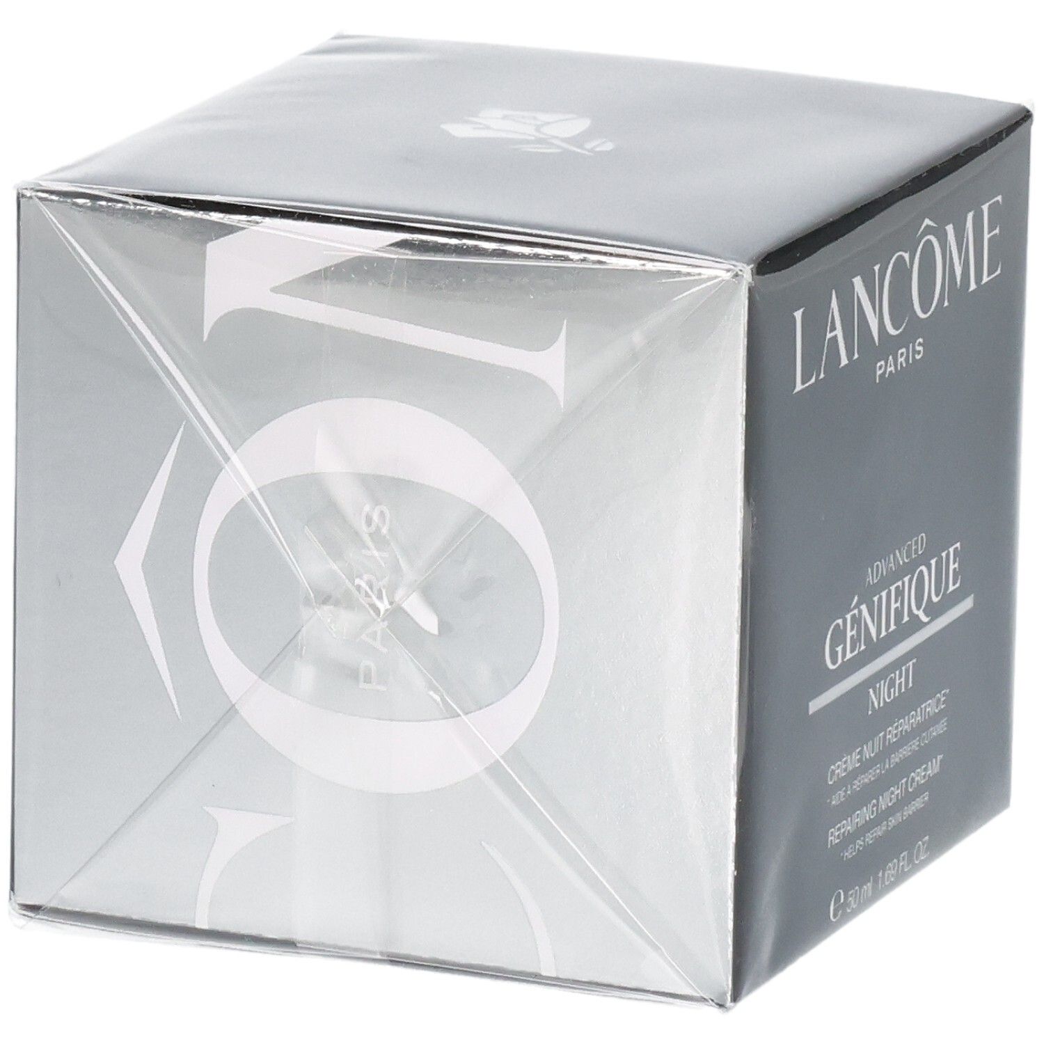 Emballage Lancôme Advanced Génifique Crème de Nuit, accents argentés, 50 ml.