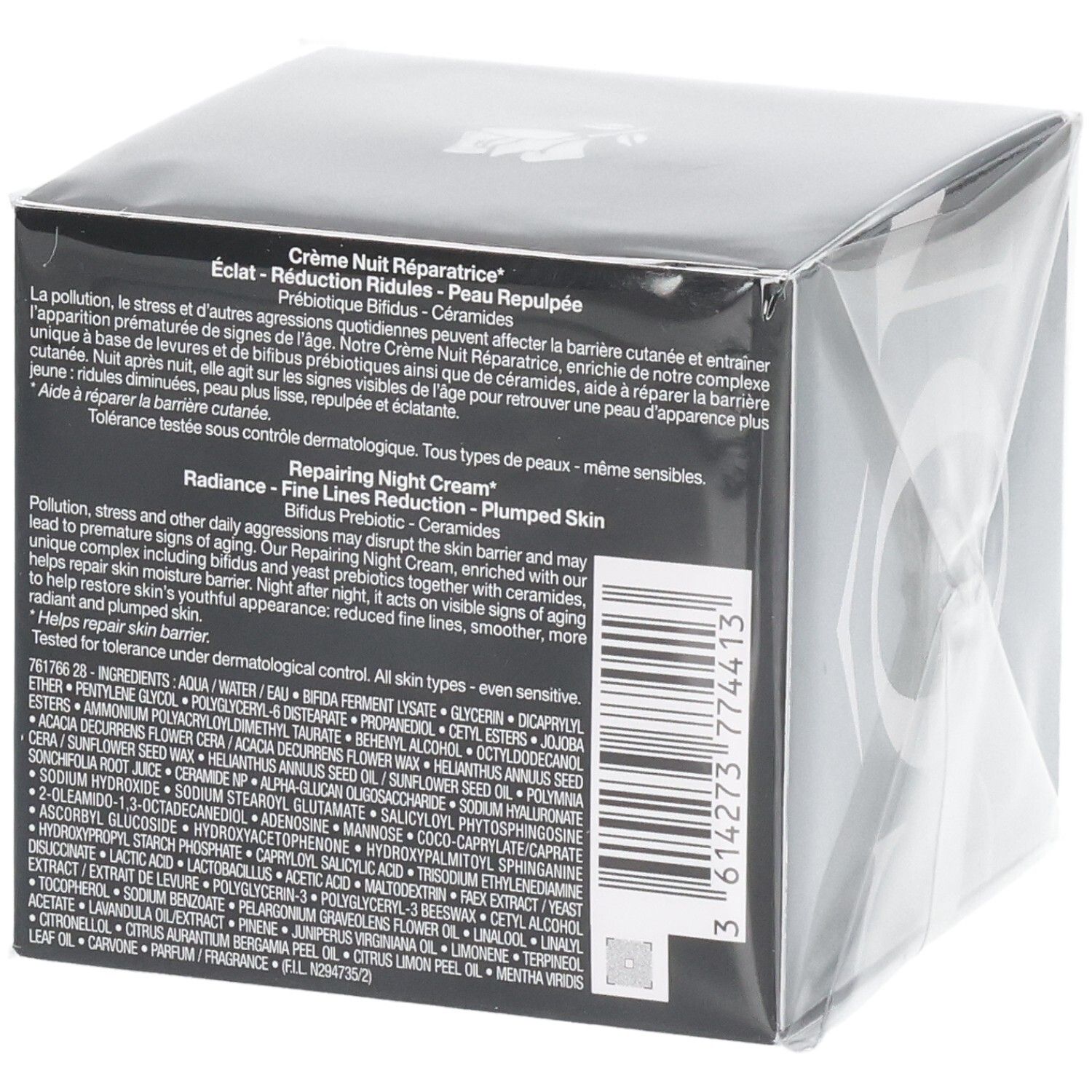 Arrière de l'emballage Lancôme Advanced Génifique Crème de Nuit avec ingrédients.
