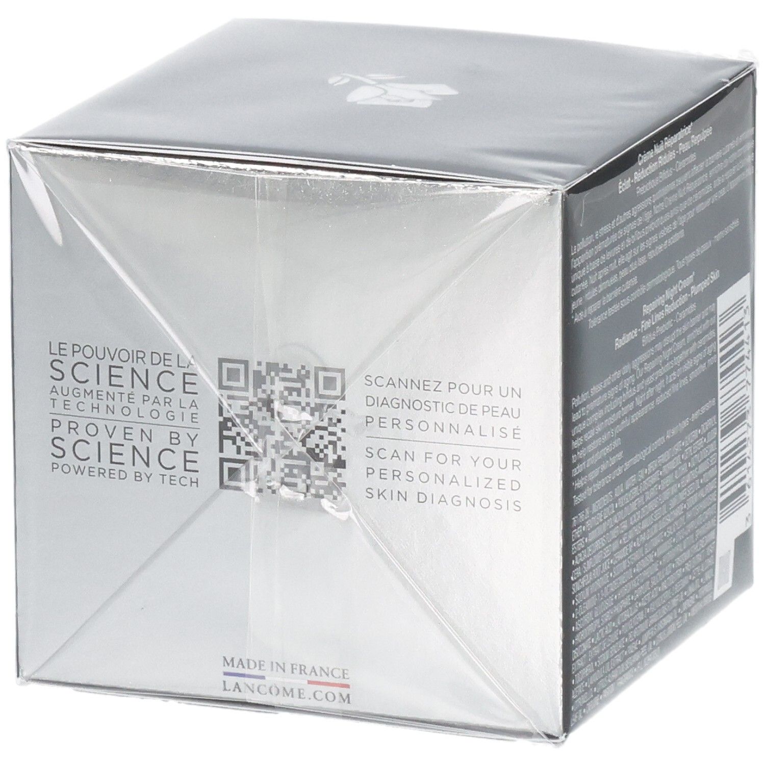 Emballage Lancôme Advanced Génifique Crème de Nuit avec QR code et Made in France.