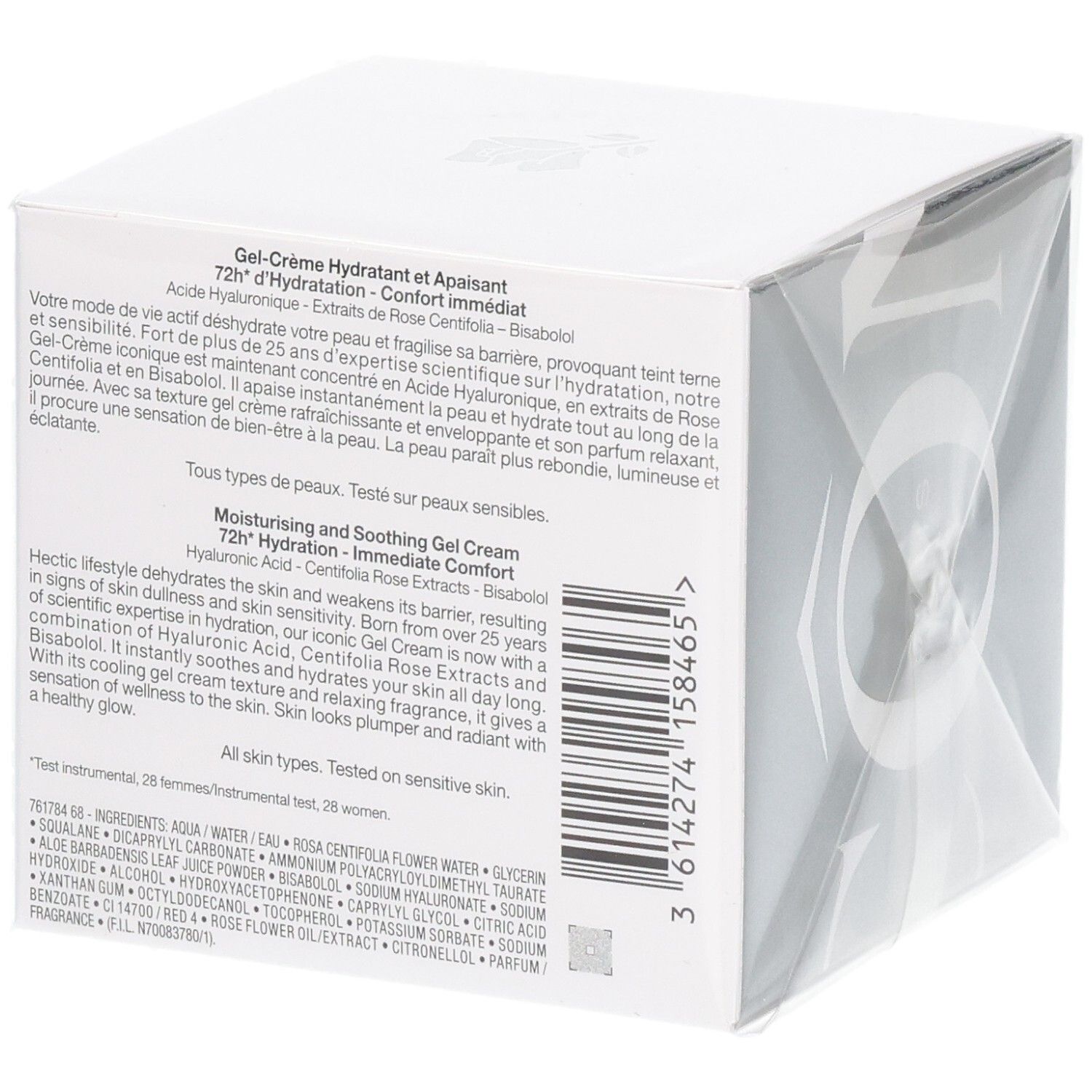 Arrière de l'emballage Lancôme Hydra Zen Gel Cream avec informations produit.