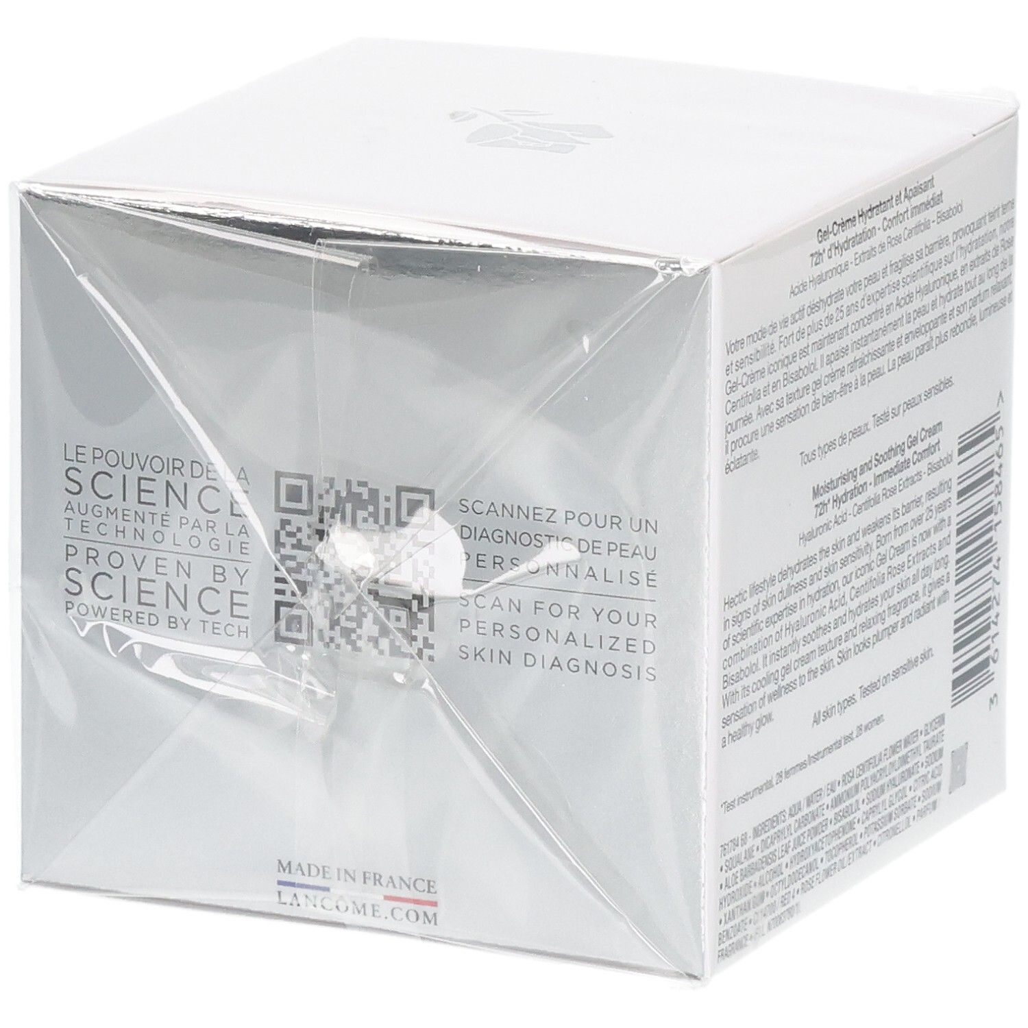 Emballage Lancôme Hydra Zen Gel Cream avec QR code et mention 'Made in France'.