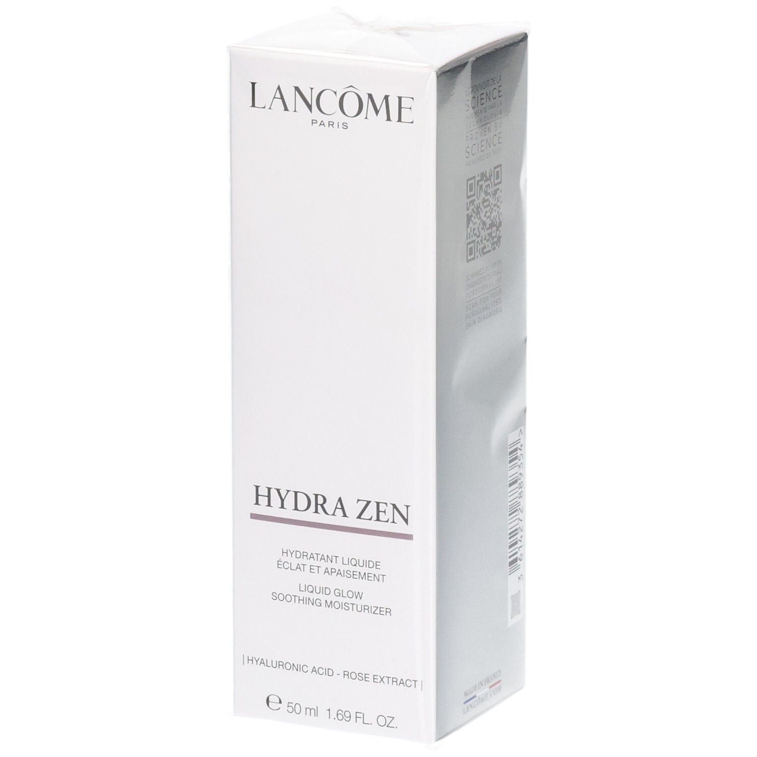 Lancôme Hydra Zen hydraterende vloeistof, witte verpakking met zilveren accenten.
