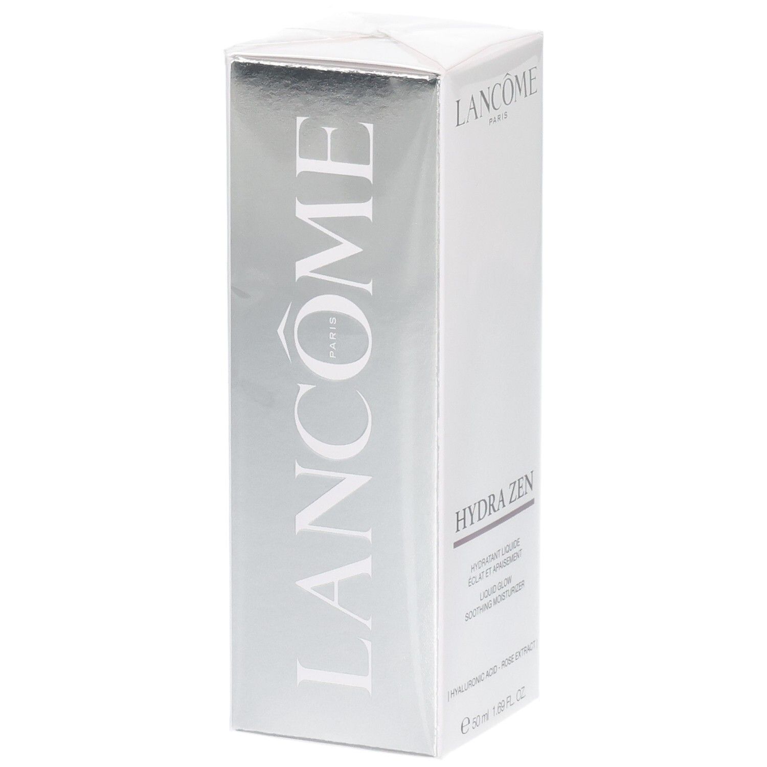 Lancôme Hydra Zen hydraterende vloeistof, zilveren zijaanzicht van de verpakking.
