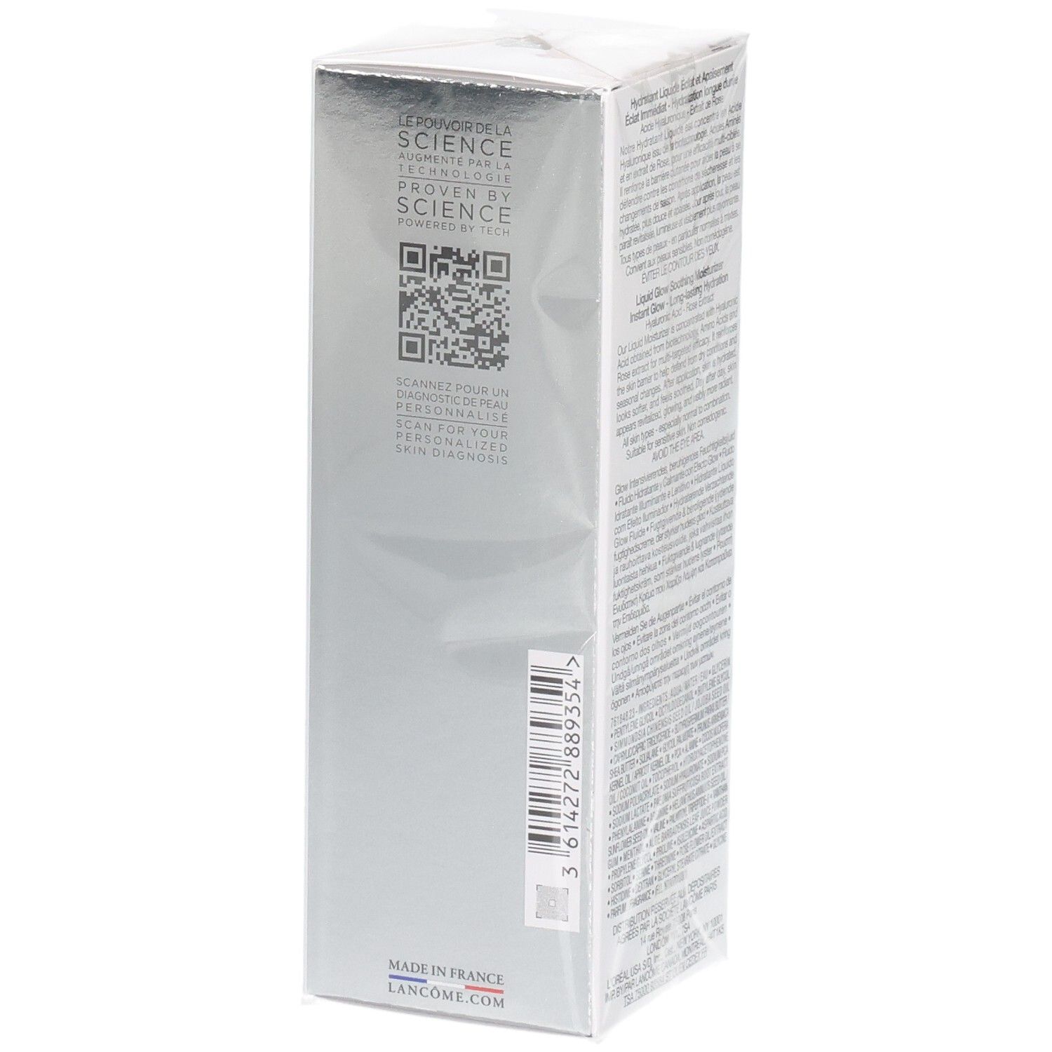 Lancôme Hydra Zen hydraterende vloeistof, verpakking met QR-code en Made in France opdruk.