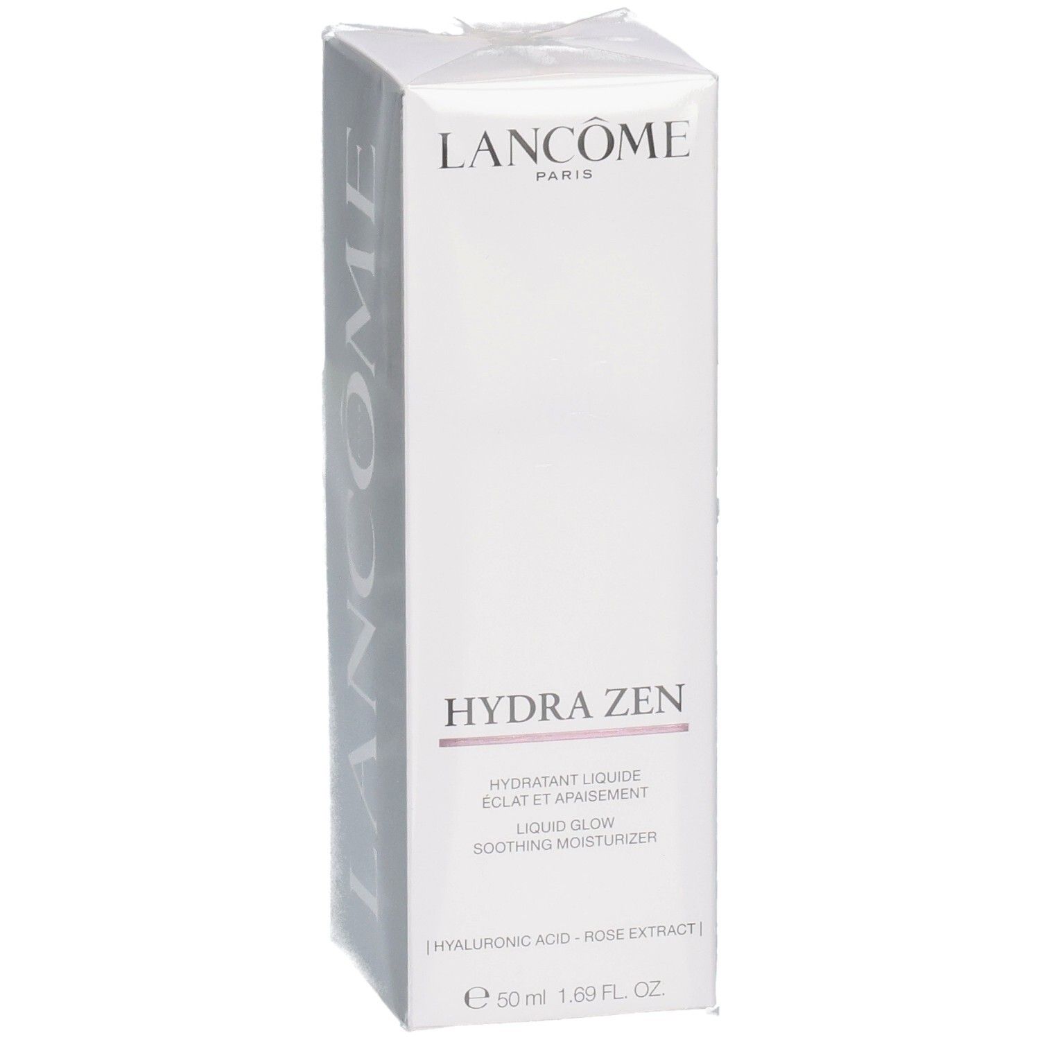 Lancôme Hydra Zen hydraterende vloeistof, verpakking met zilveren Lancôme logo.