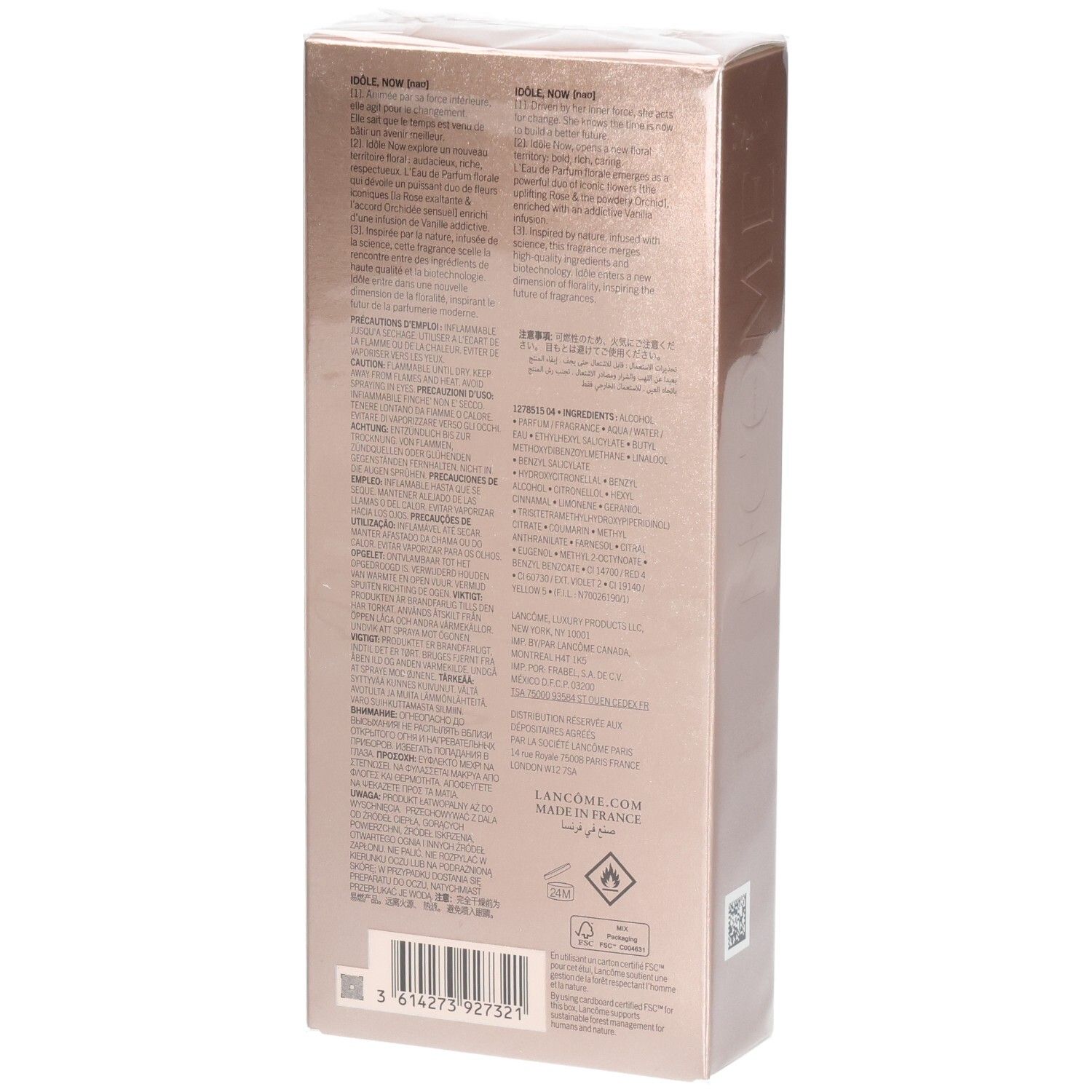 Lancôme Idôle Now Eau de Parfum Florale 100ml. Achterkant met productinformatie.