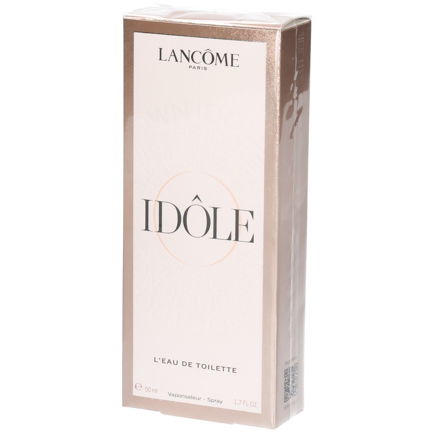 Lancôme Idôle Eau de Toilette verpakking, voorkant. Roségouden doos met productnaam en logo.