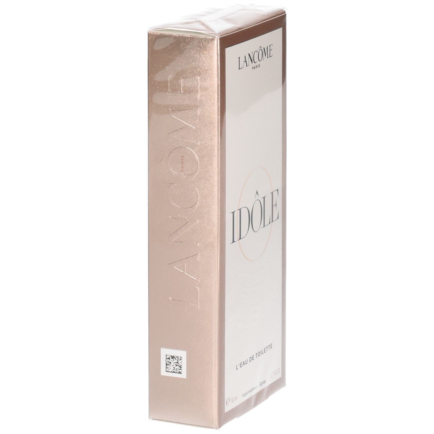 Lancôme Idôle Eau de Toilette verpakking, zijaanzicht. Roségouden doos met reliëflogo.
