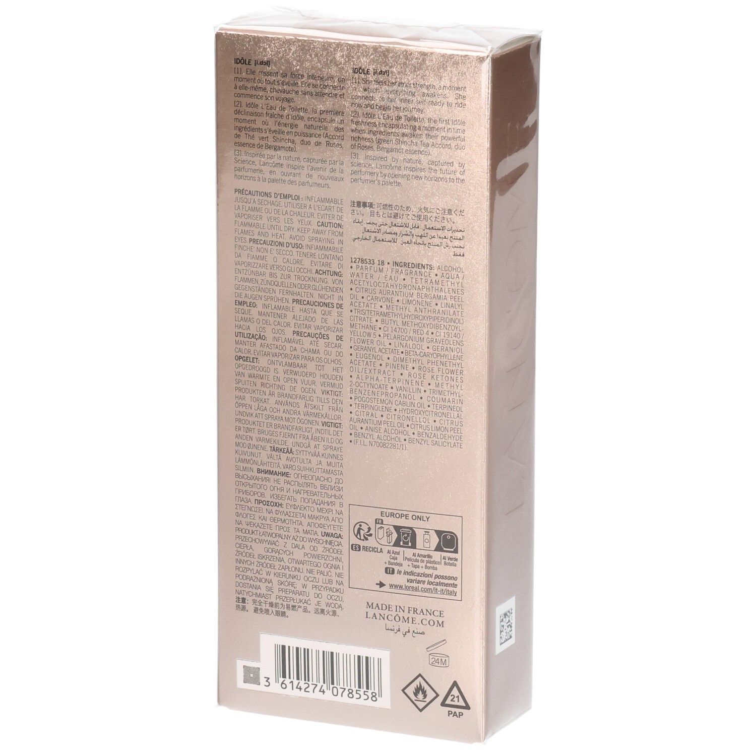 Lancôme Idôle Eau de Toilette verpakking, achterkant. Bevat ingrediënten en gebruiksinstructies.
