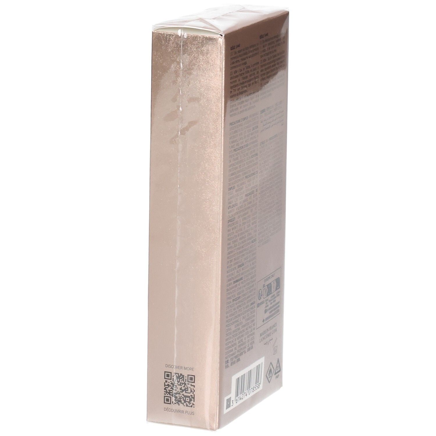 Lancôme Idôle Eau de Toilette verpakking, zijaanzicht met QR-code. Roségouden doos.