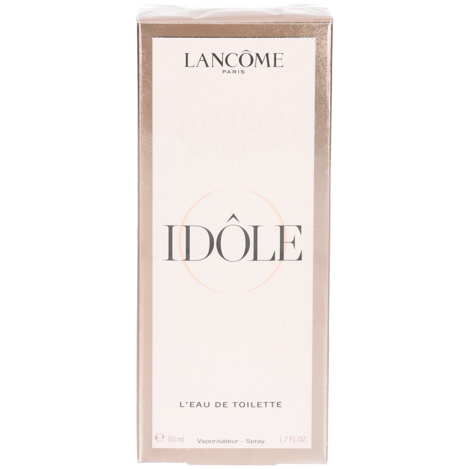 Lancôme Idôle Eau de Toilette verpakking, voorkant. Roségouden doos met productnaam en logo.