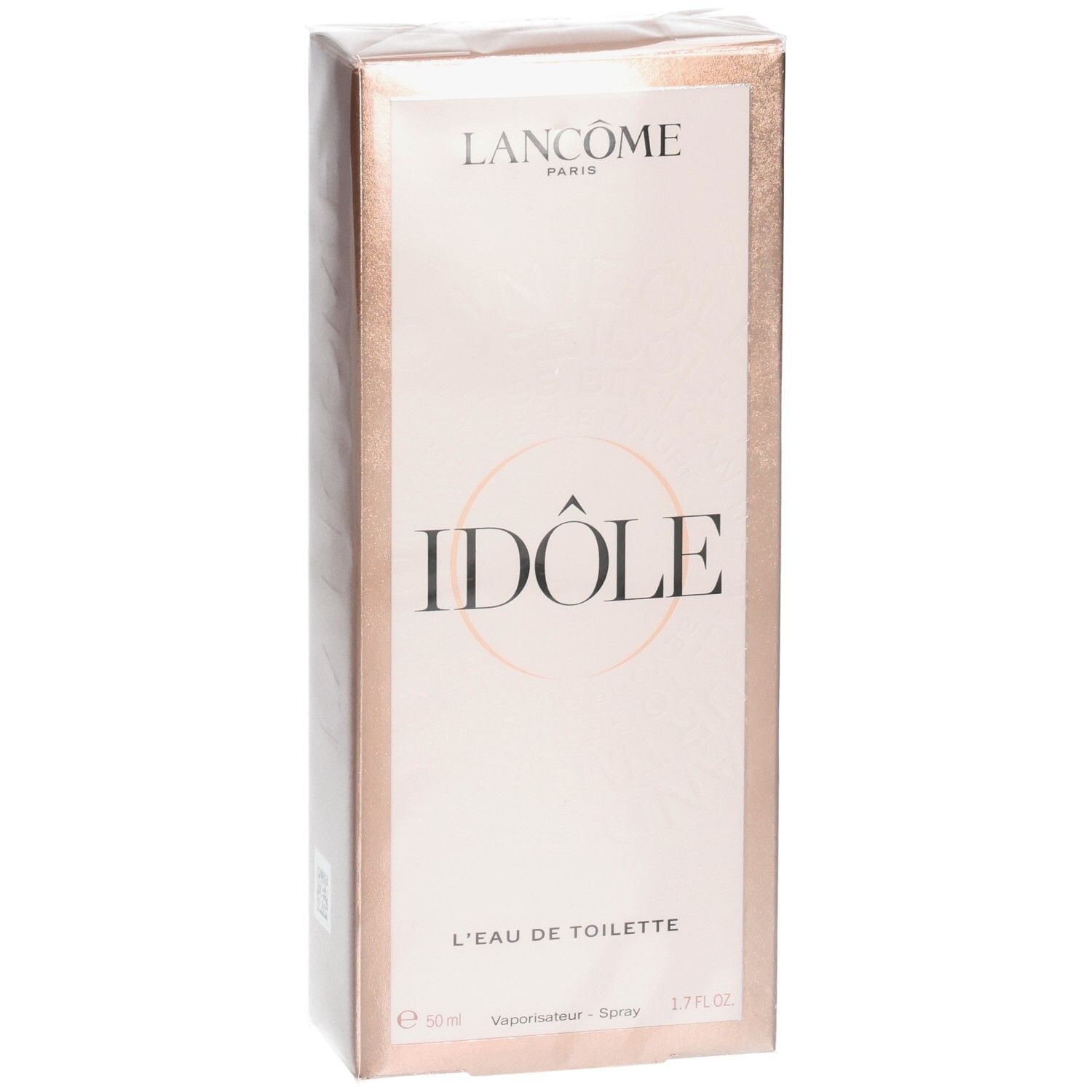 Lancôme Idôle Eau de Toilette verpakking, voorkant. Roségouden doos met productnaam en logo.