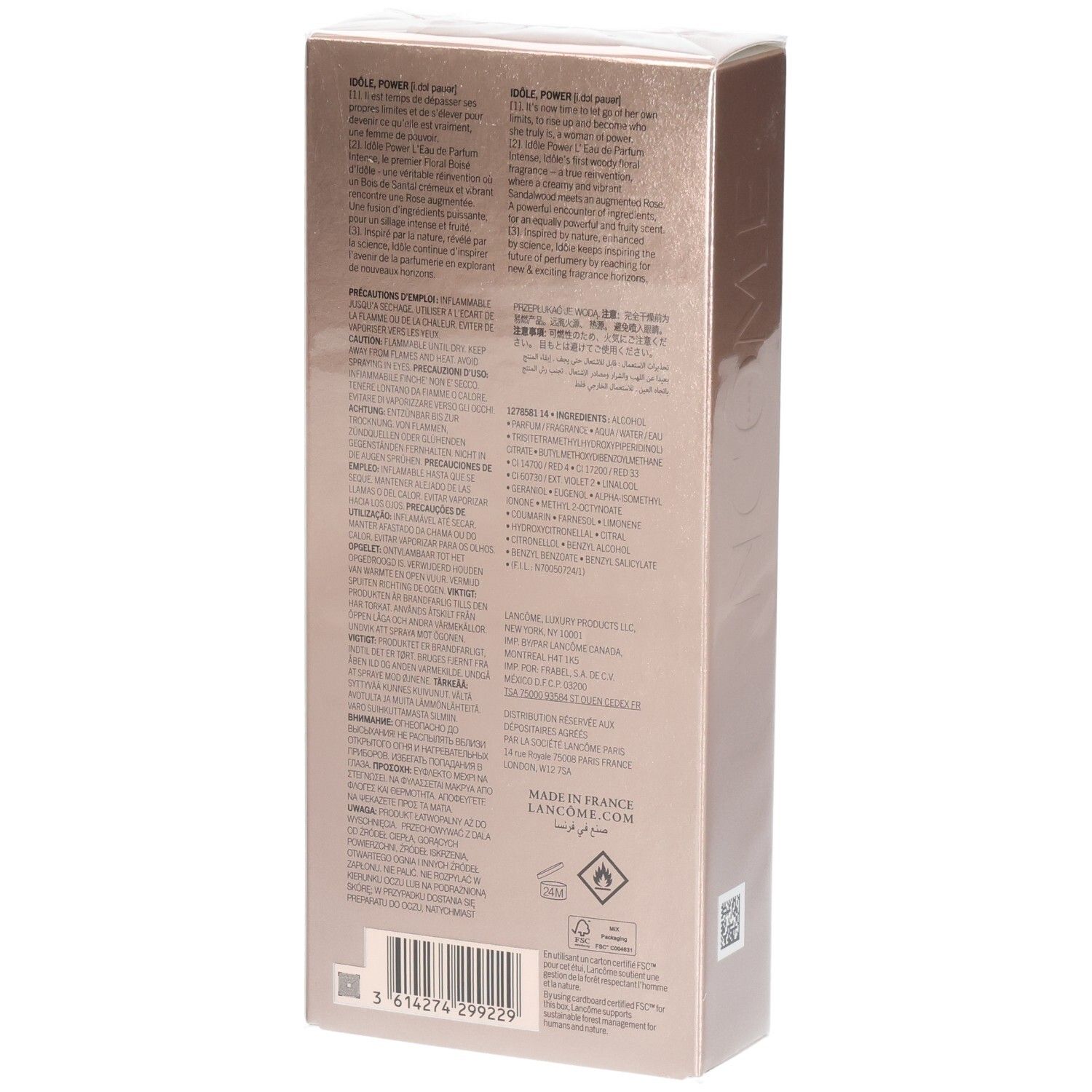 Achterkant van de Lancôme Idôle Power Eau de Parfum Intense verpakking met productinformatie.