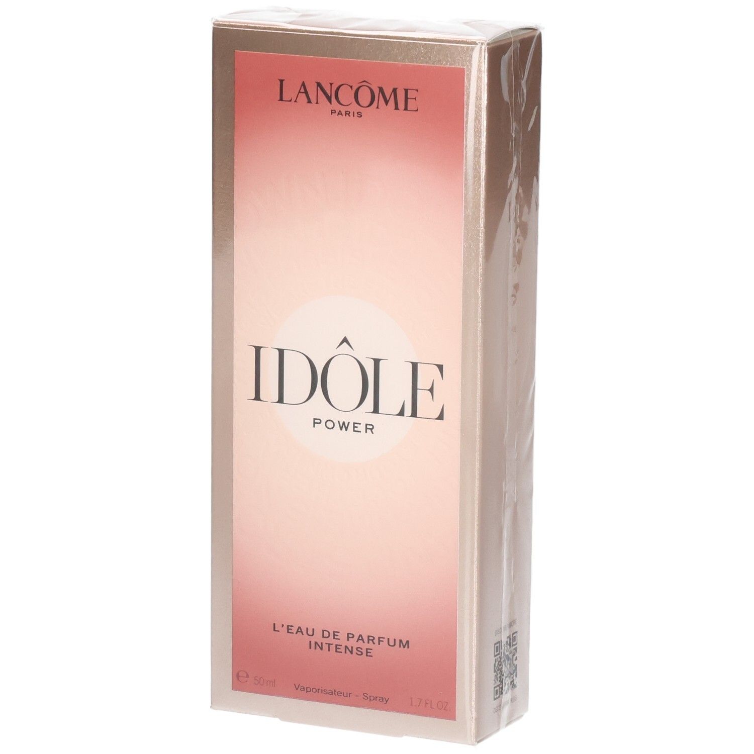 Lancôme Idôle Power Eau de Parfum Intense verpakking. Roze en gouden doos met productnaam.