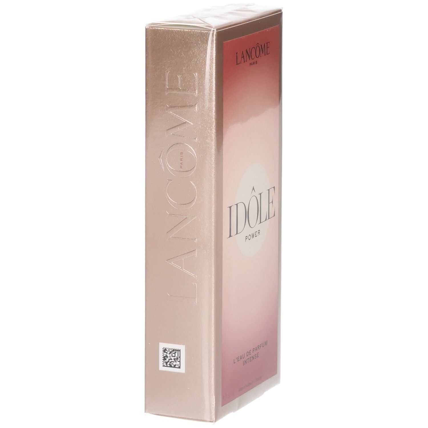 Lancôme Idôle Power Eau de Parfum Intense verpakking. Gouden zijkant met reliëf merknaam.