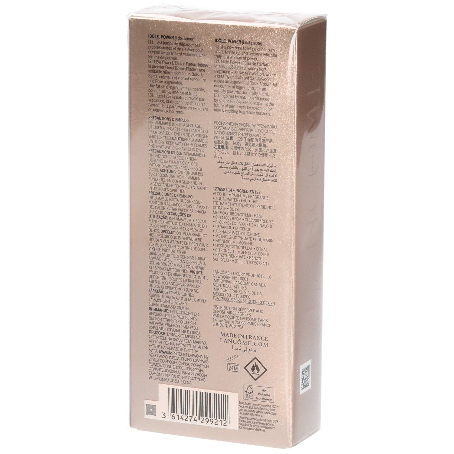 Achterkant van de Lancôme Idôle Power Eau de Parfum Intense verpakking met ingrediënten en barcode.