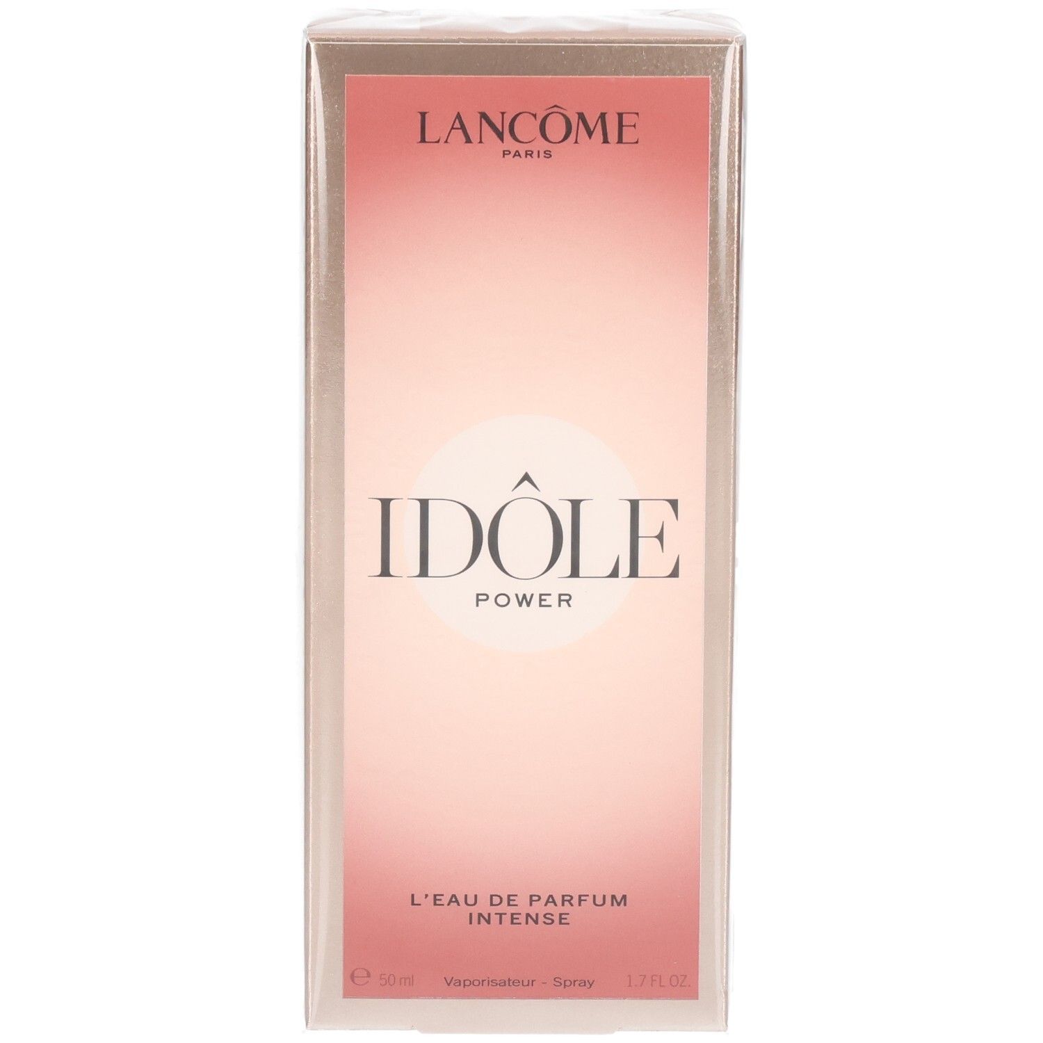 Lancôme Idôle Power Eau de Parfum Intense verpakking. Roze en gouden doos met productnaam.