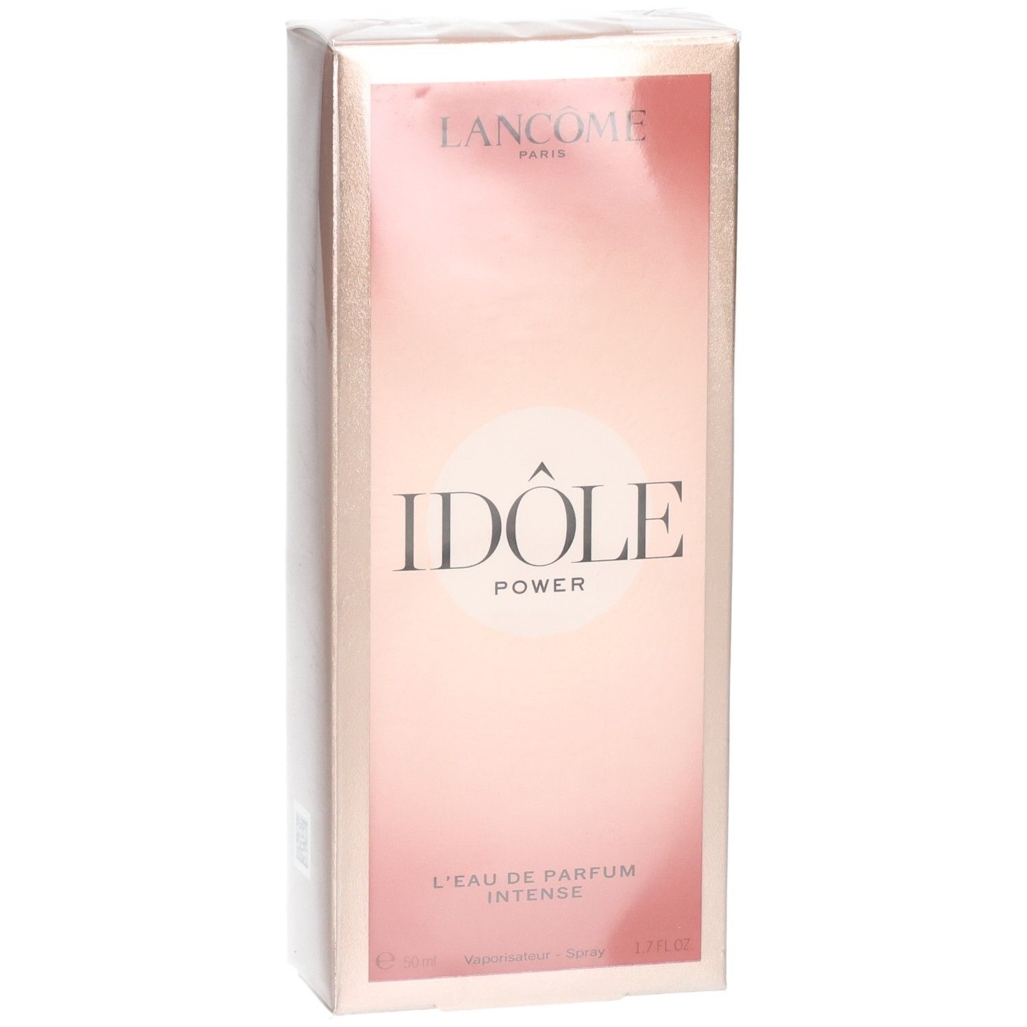 Lancôme Idôle Power Eau de Parfum Intense verpakking. Roze en gouden doos met productnaam.