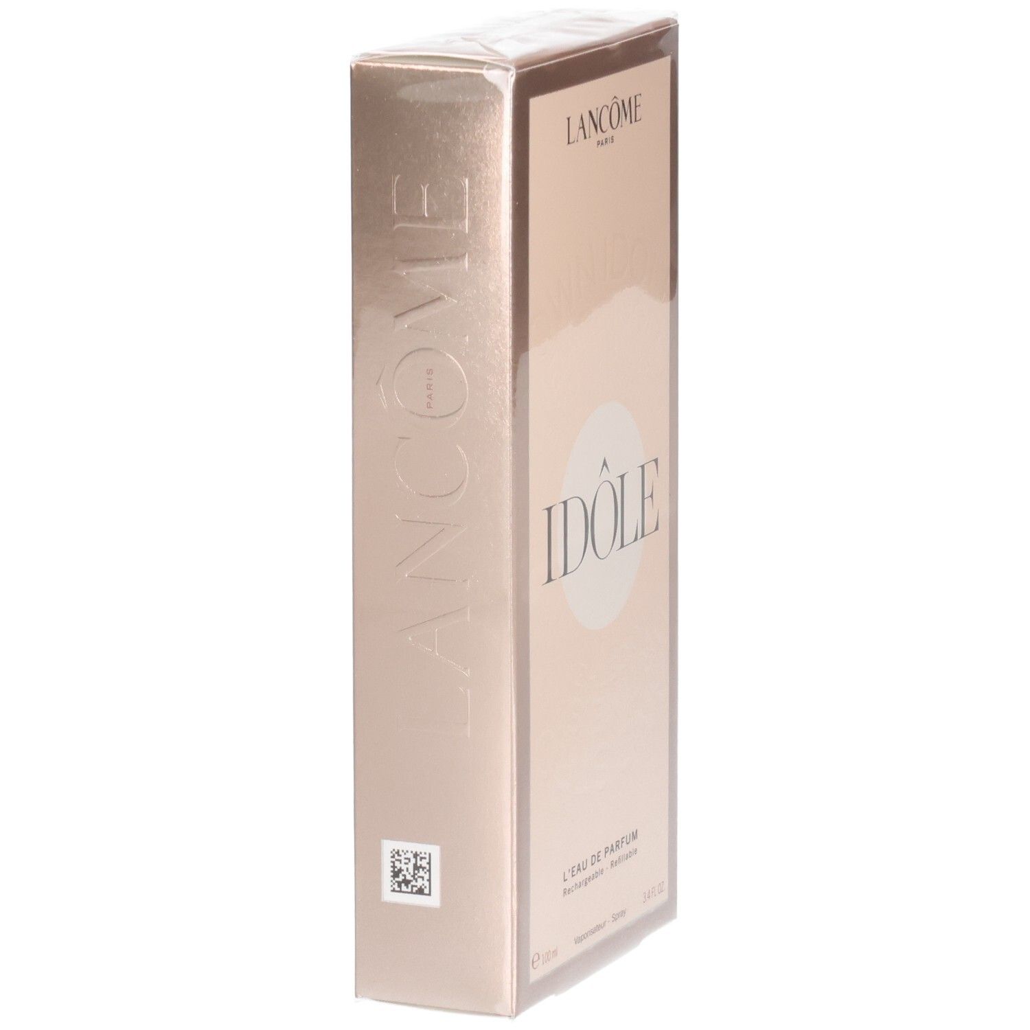 Boîte Lancôme Idôle Eau de Parfum, vue latérale avec nom de marque en relief et code QR.
